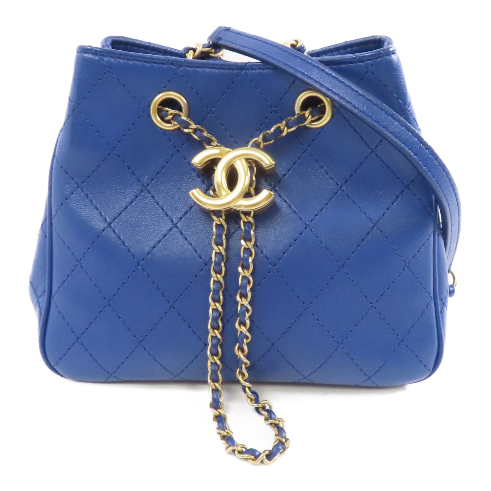 CHANEL 菱格牛皮皮革Egyptian Amulet金扣鏈帶肩背袋藍色