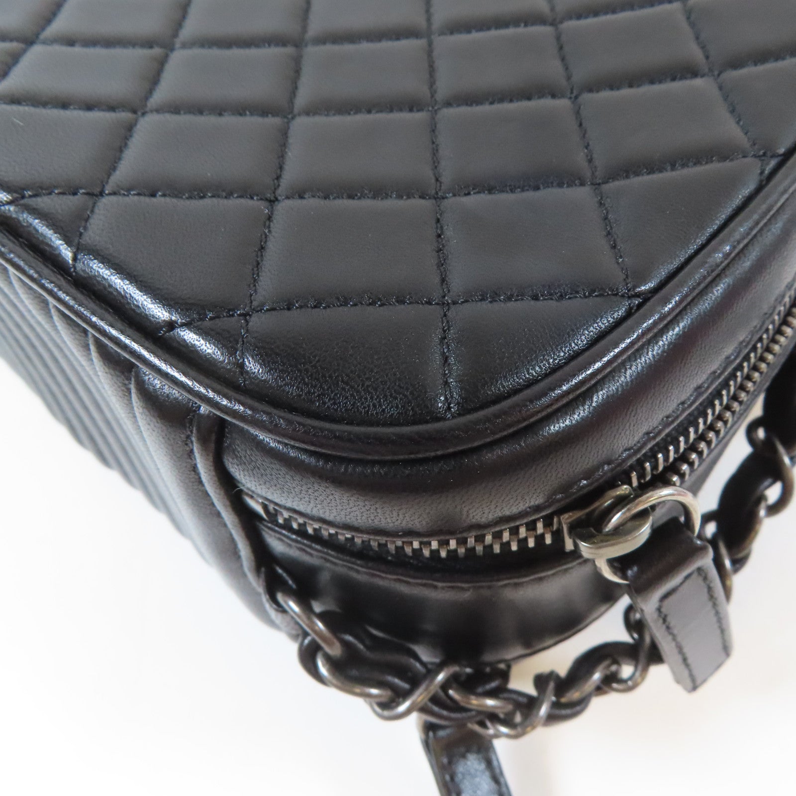 CHANEL 斜紋/菱格羊皮皮革Chain Shoulder銀扣鏈帶肩背袋黑色