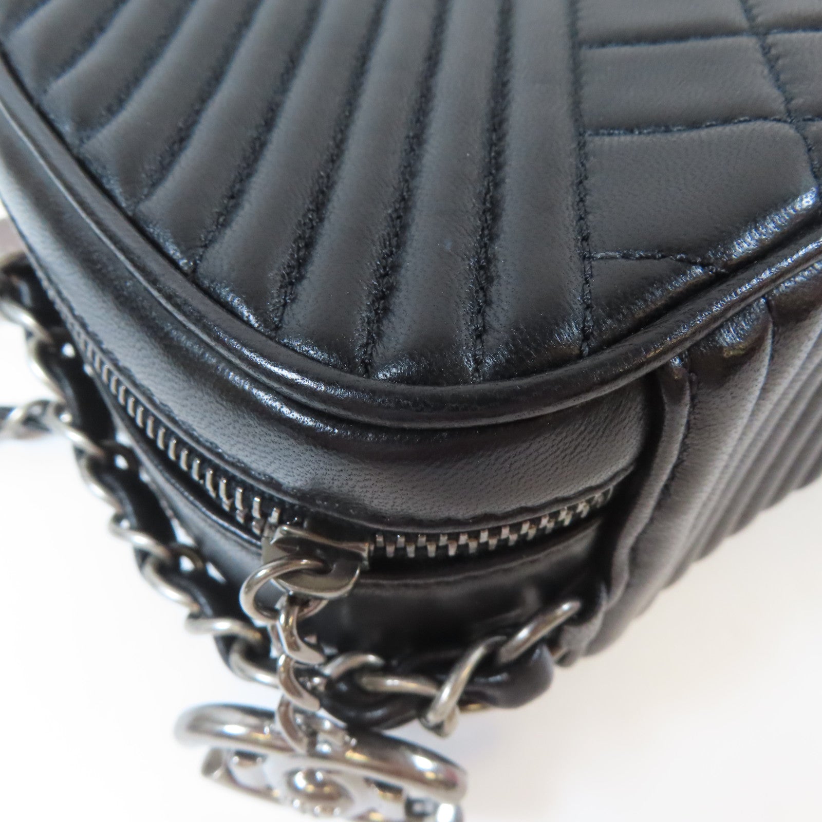 CHANEL 斜紋/菱格羊皮皮革Chain Shoulder銀扣鏈帶肩背袋黑色