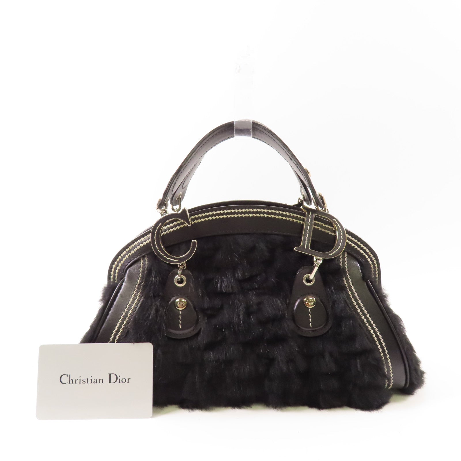 Dior 牛皮皮革/兔毛Handbag銀扣手挽袋