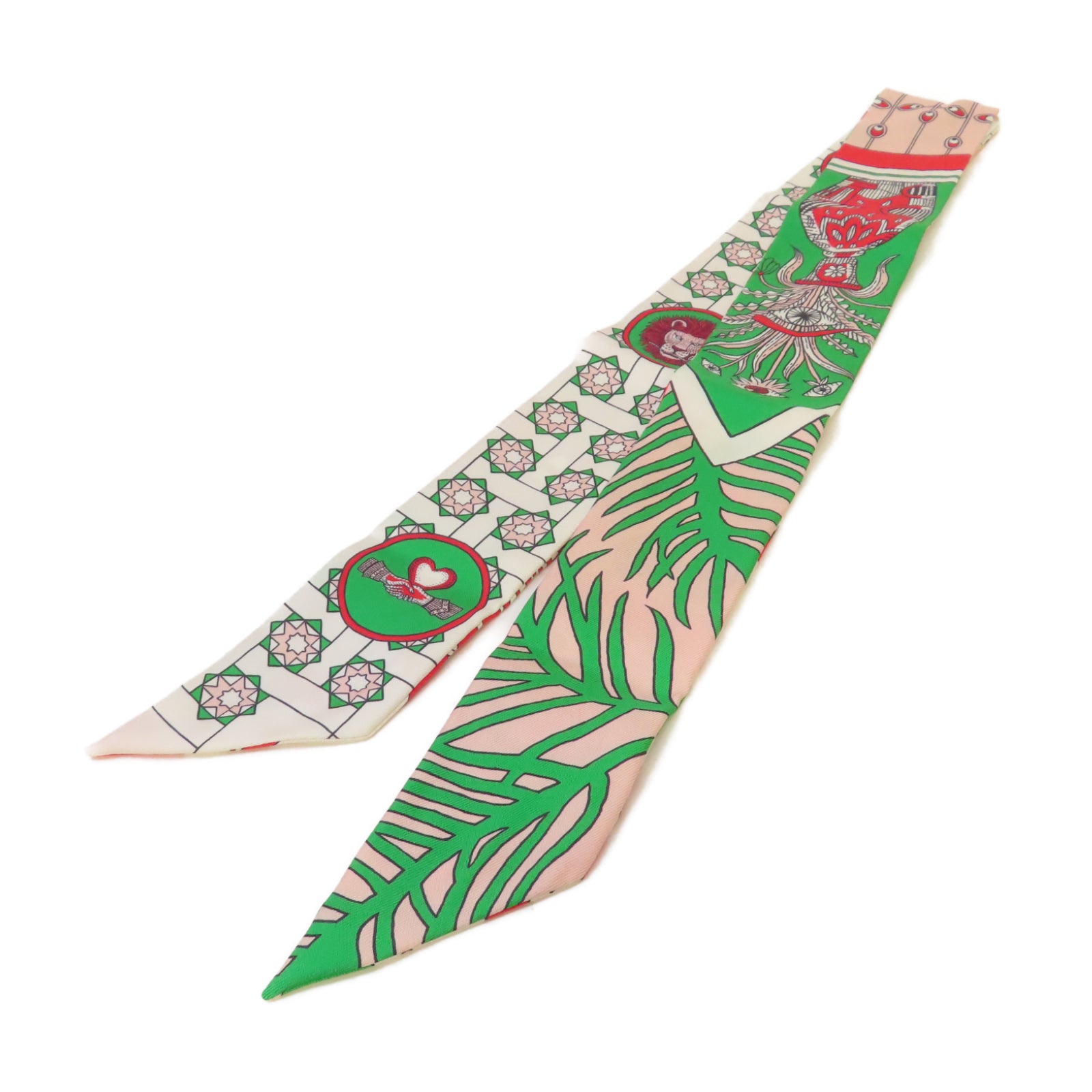 HERMES 【激減優惠】絲質Twilly絲巾綠色/紅色