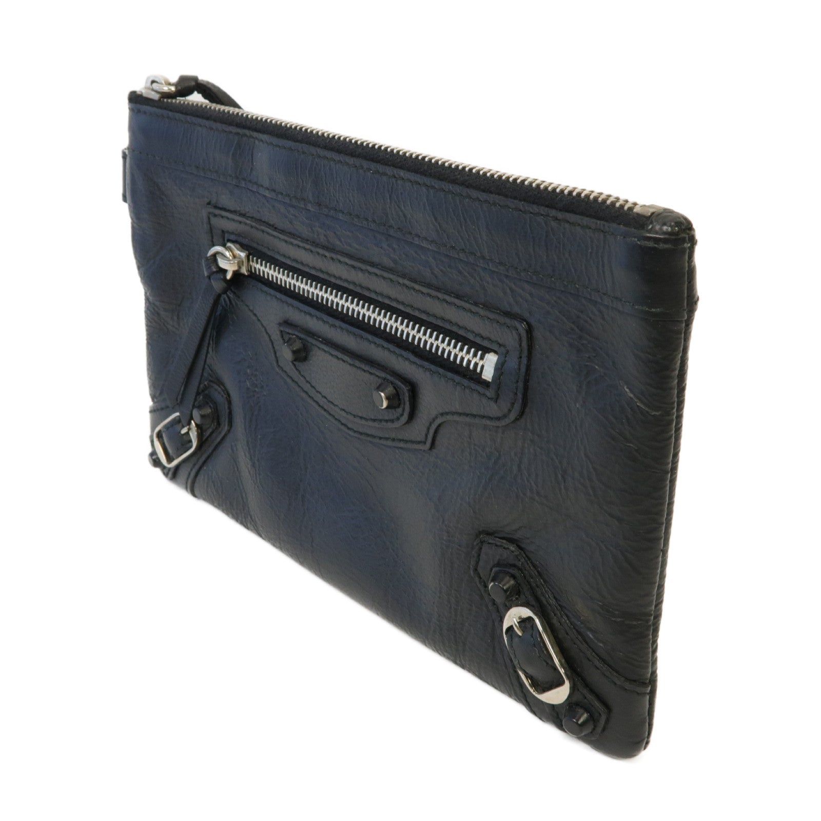 BALENCIAGA 牛皮皮革Clutch Bag銀扣手拿包黒色