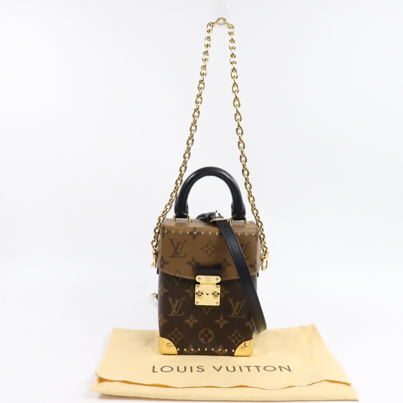 LOUIS VUITTON Monogram/Monogram Reverse Camera Box金扣鏈帶手挽肩背兩用袋