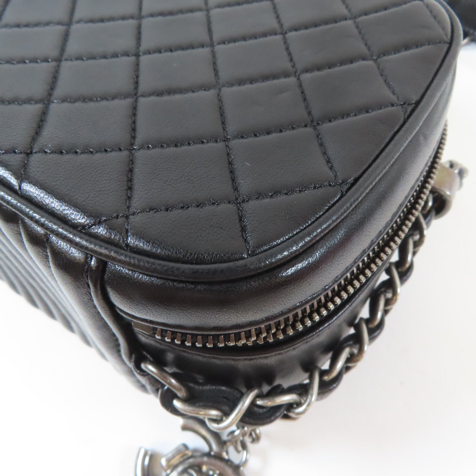 CHANEL 斜紋/菱格羊皮皮革Chain Shoulder銀扣鏈帶肩背袋黑色