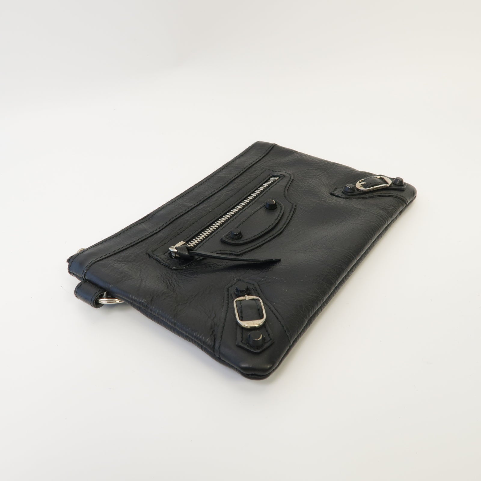 BALENCIAGA 牛皮皮革Clutch Bag銀扣手拿包黒色