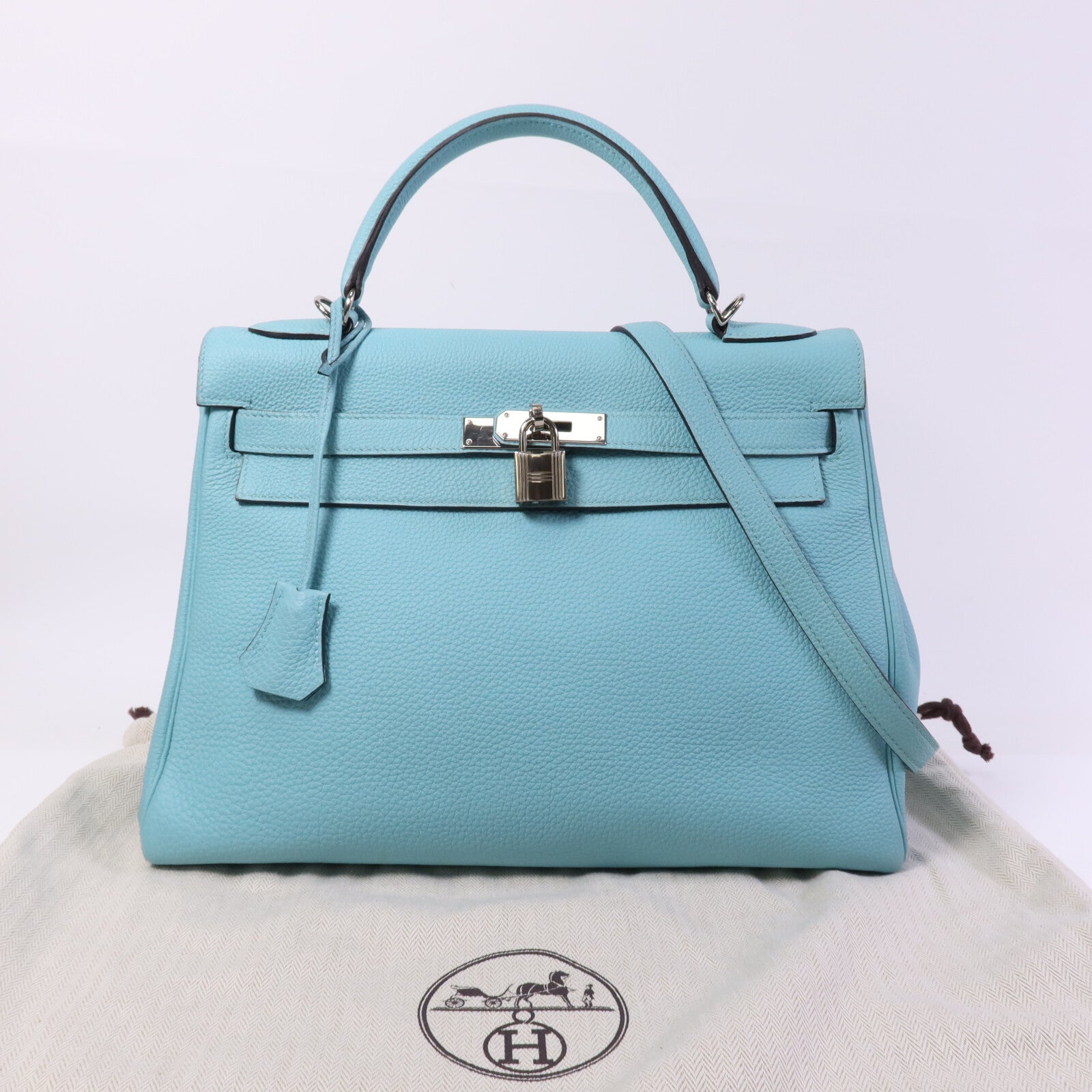 HERMES Clemence皮革Kelly 32手挽肩背兩用袋Bleu Atoll