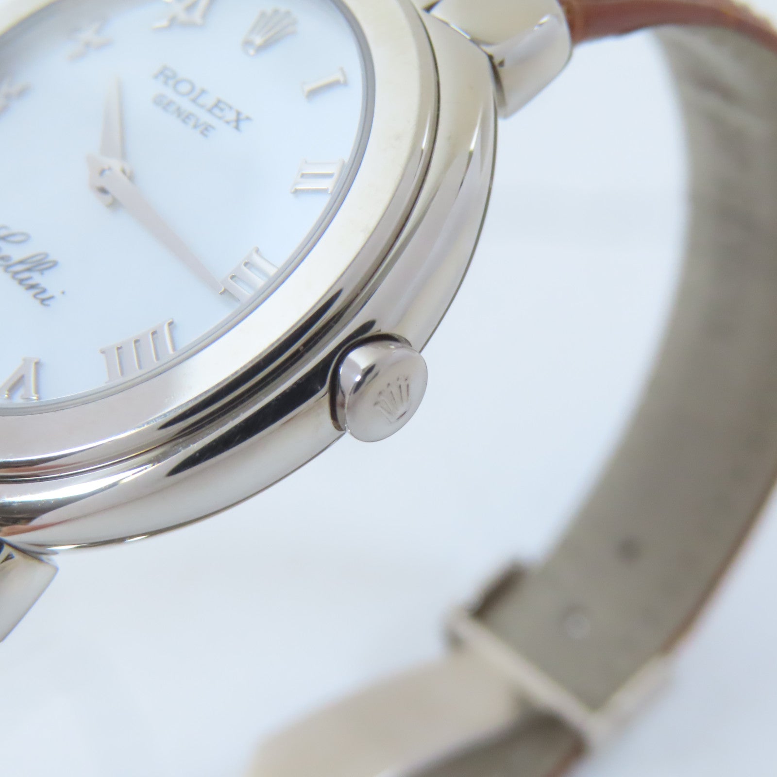 ROLEX Cellini 18K白金/皮革帶手錶石英機芯白色