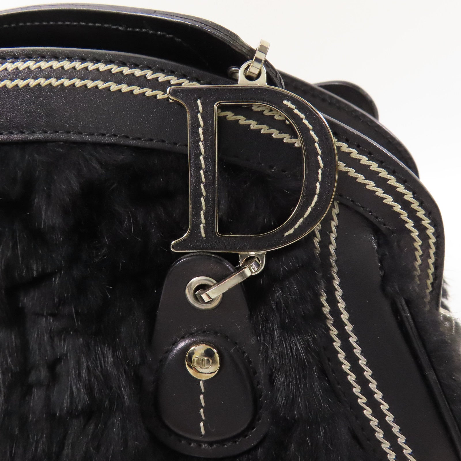 Dior 牛皮皮革/兔毛Handbag銀扣手挽袋