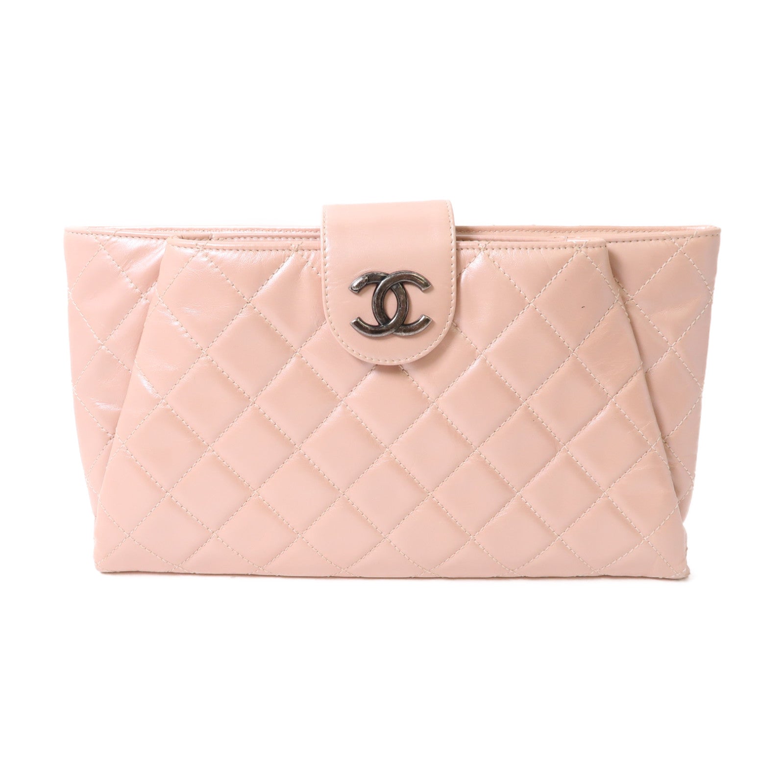 CHANEL 【激減優惠】菱格牛皮皮革Clutch Bag銀扣手拿包粉紅色