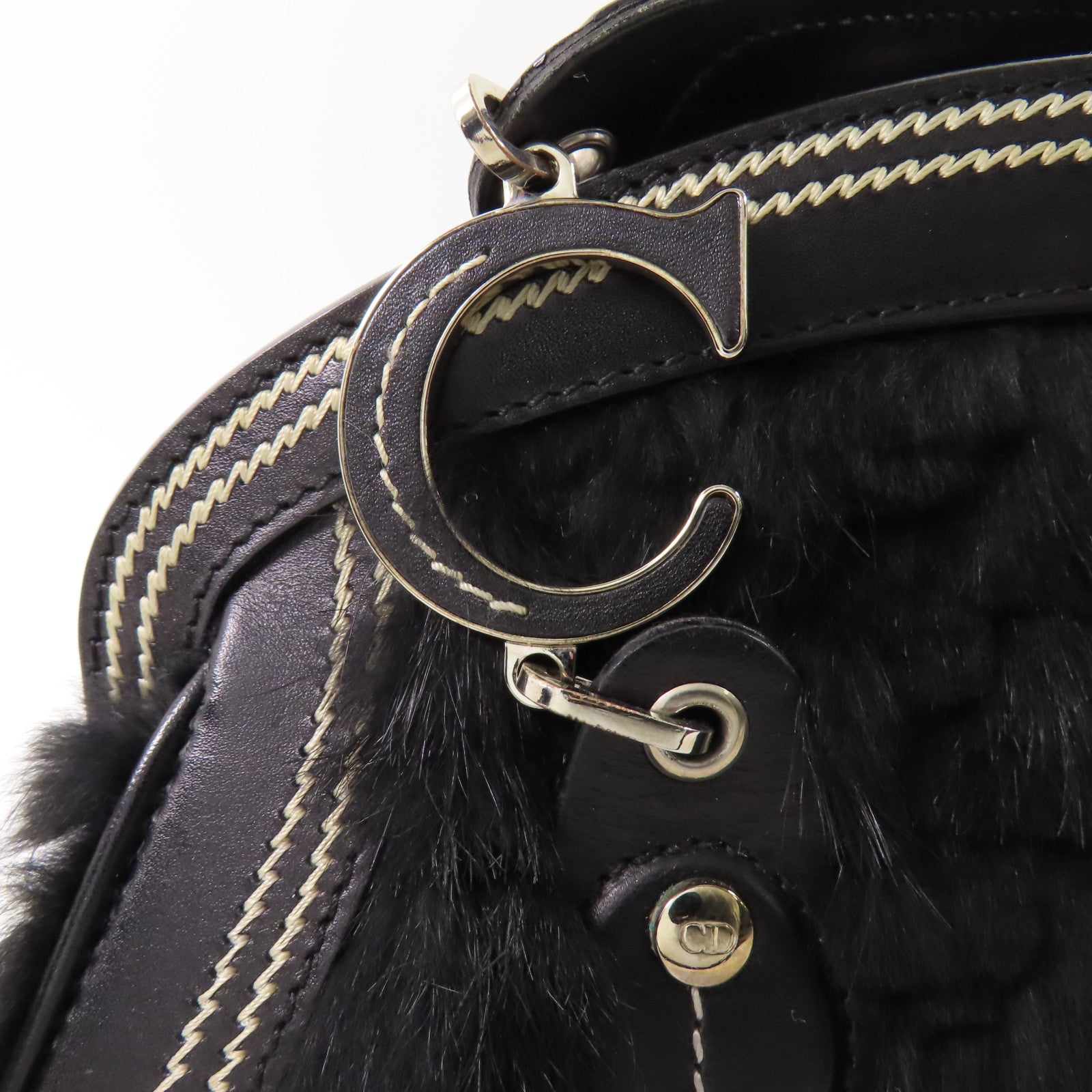Dior 牛皮皮革/兔毛Handbag銀扣手挽袋