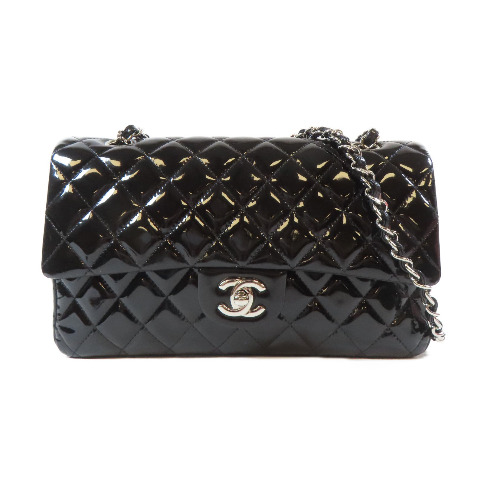 CHANEL 【激減優惠】菱格漆皮皮革Classic銀扣鏈帶肩背袋黑色