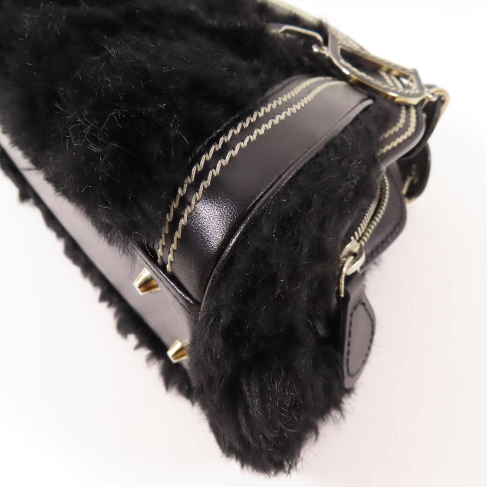 Dior 牛皮皮革/兔毛Handbag銀扣手挽袋