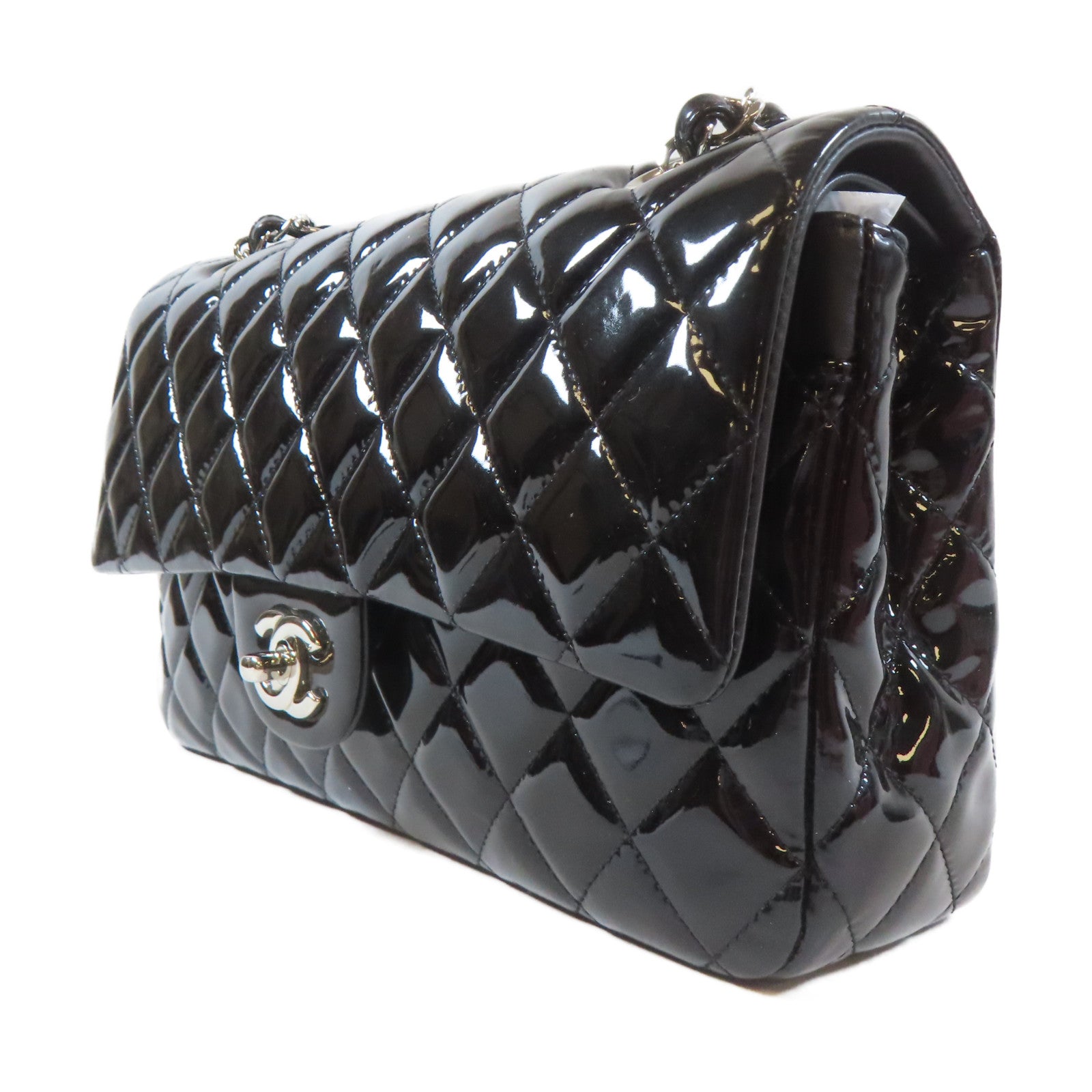CHANEL 【激減優惠】菱格漆皮皮革Classic銀扣鏈帶肩背袋黑色