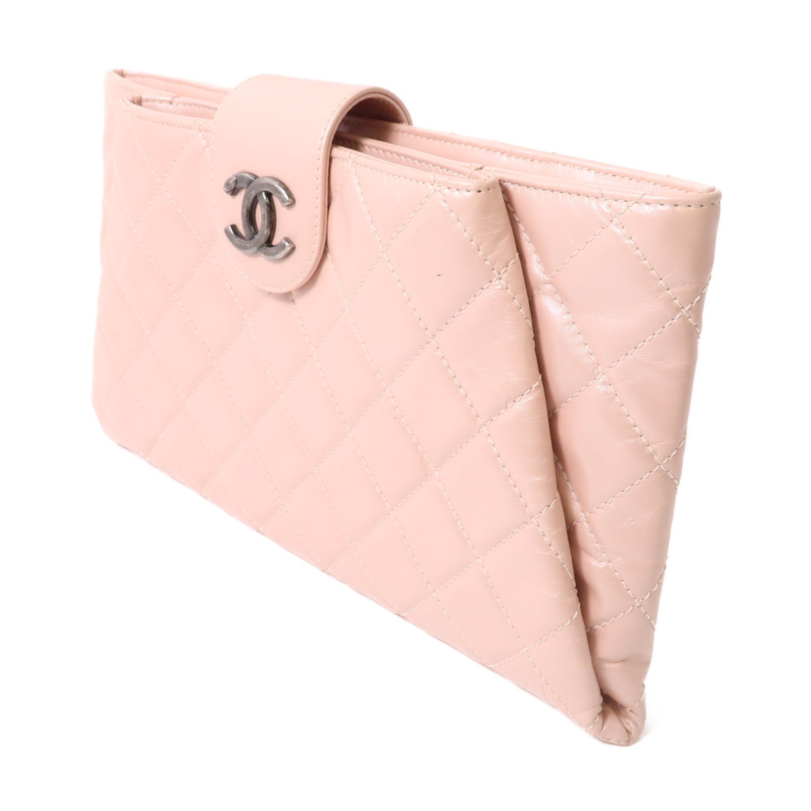 CHANEL 【激減優惠】菱格牛皮皮革Clutch Bag銀扣手拿包粉紅色