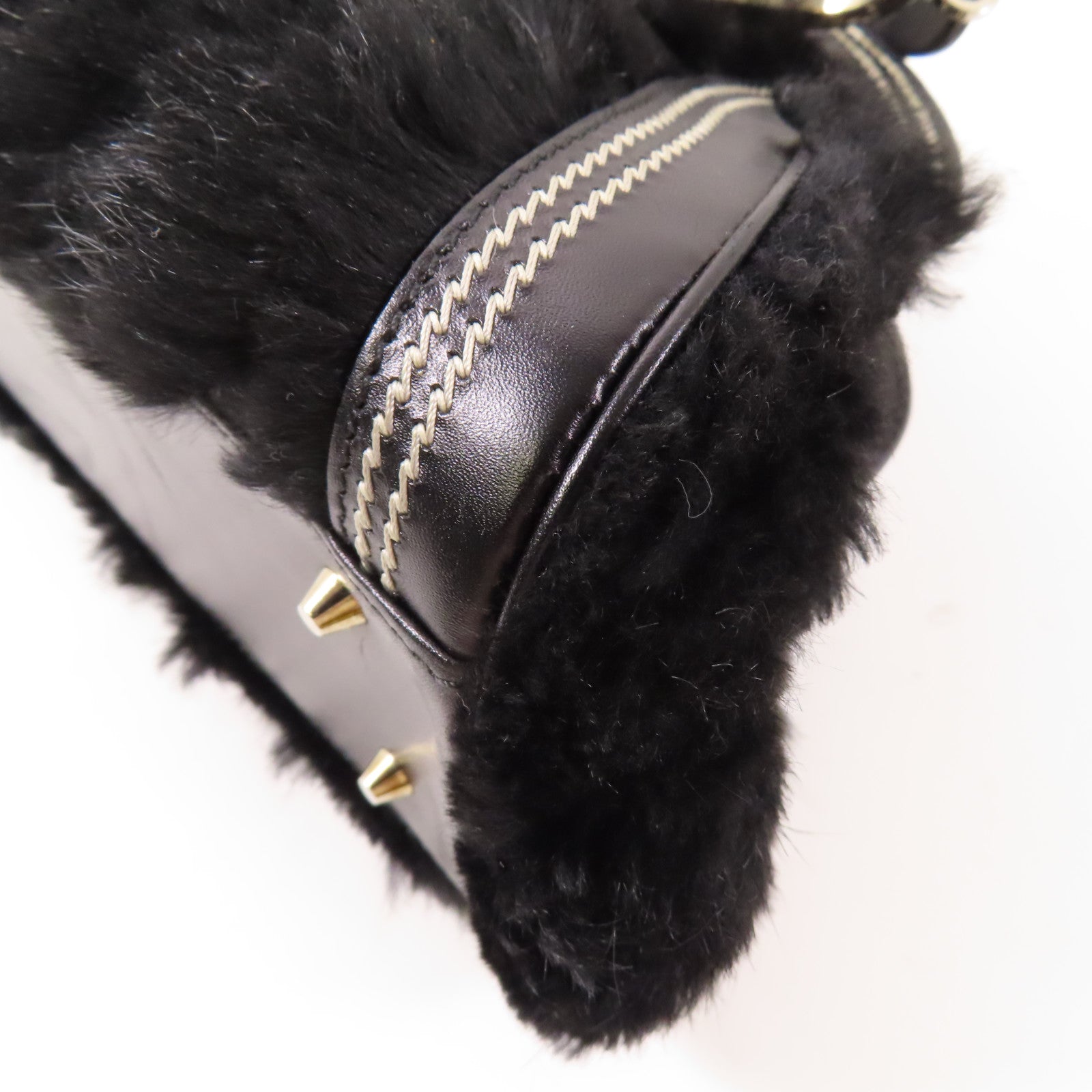 Dior 牛皮皮革/兔毛Handbag銀扣手挽袋