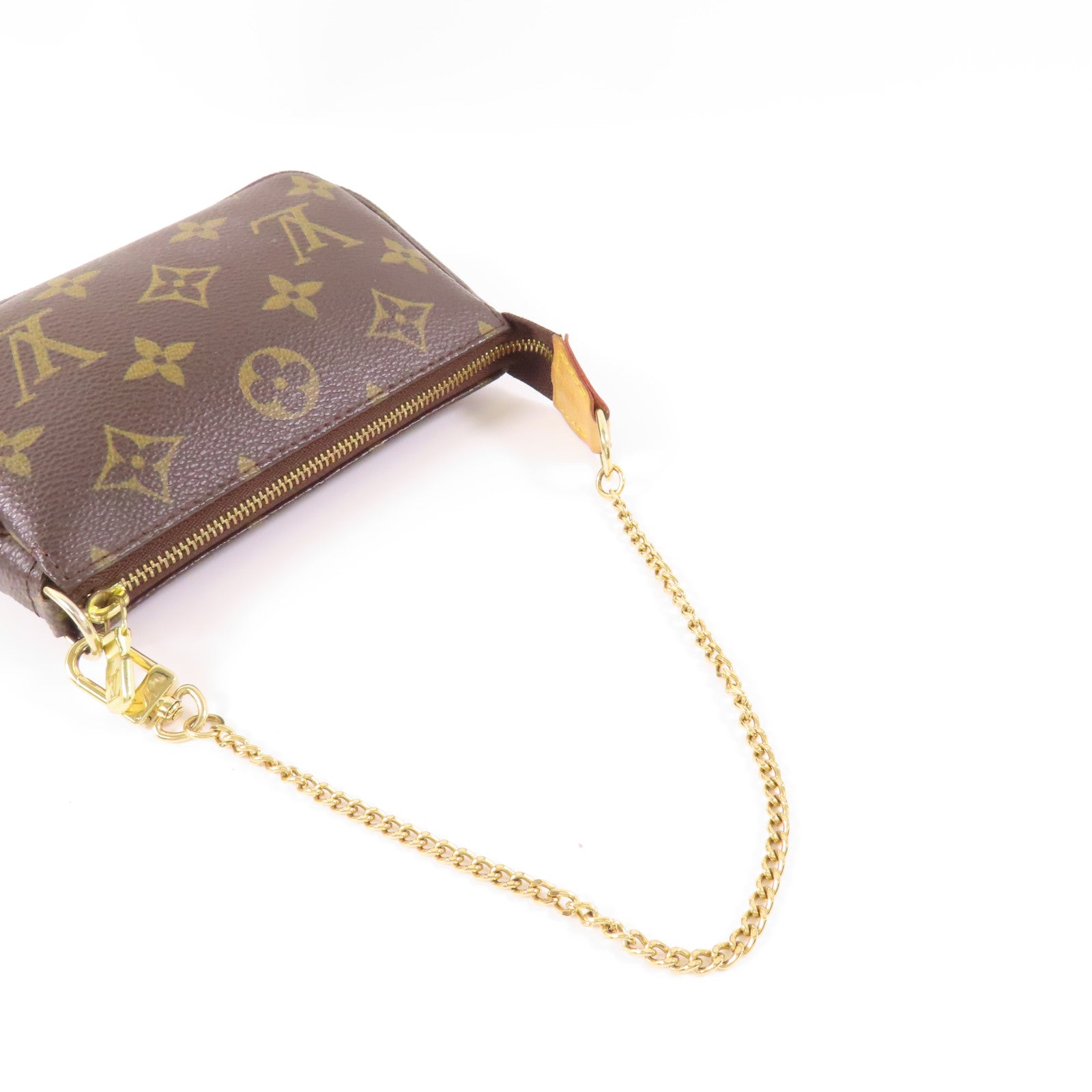 LOUIS VUITTON Monogram Mini Pochette Accessoires金扣手挽袋棕色