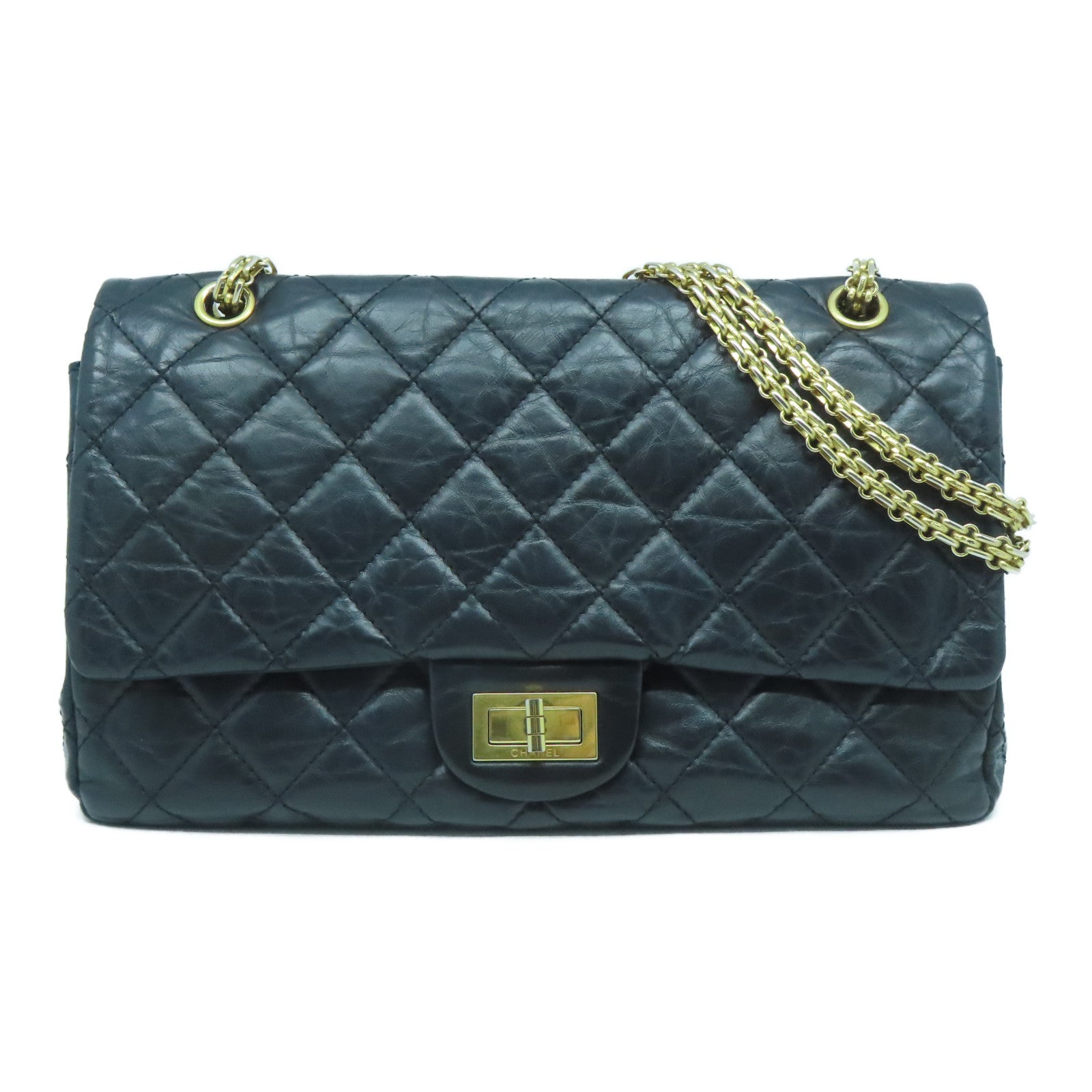 CHANEL 【激減優惠】菱格牛皮皮革Maxi 2.55金扣鏈帶肩背袋黑色