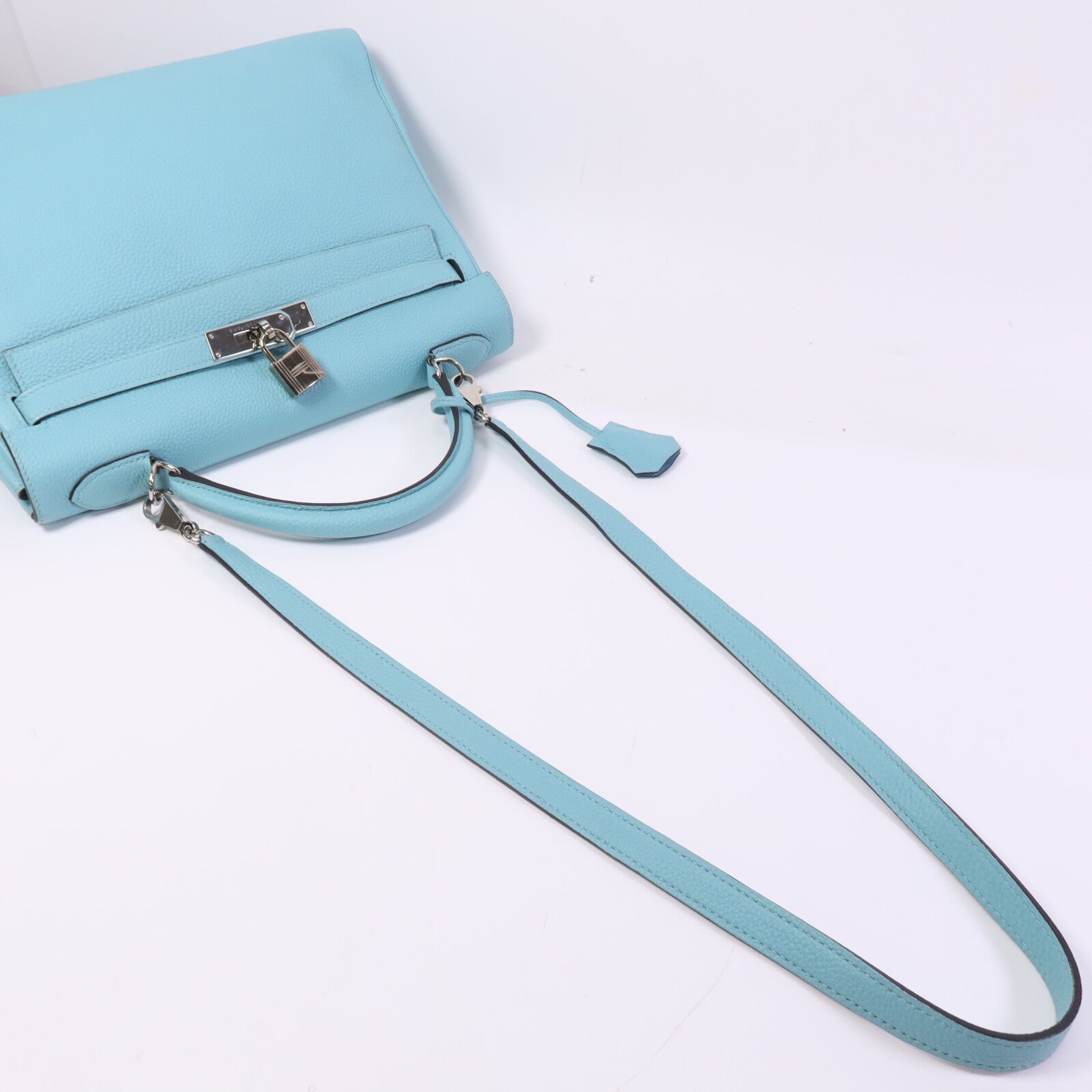HERMES Clemence皮革Kelly 32手挽肩背兩用袋Bleu Atoll