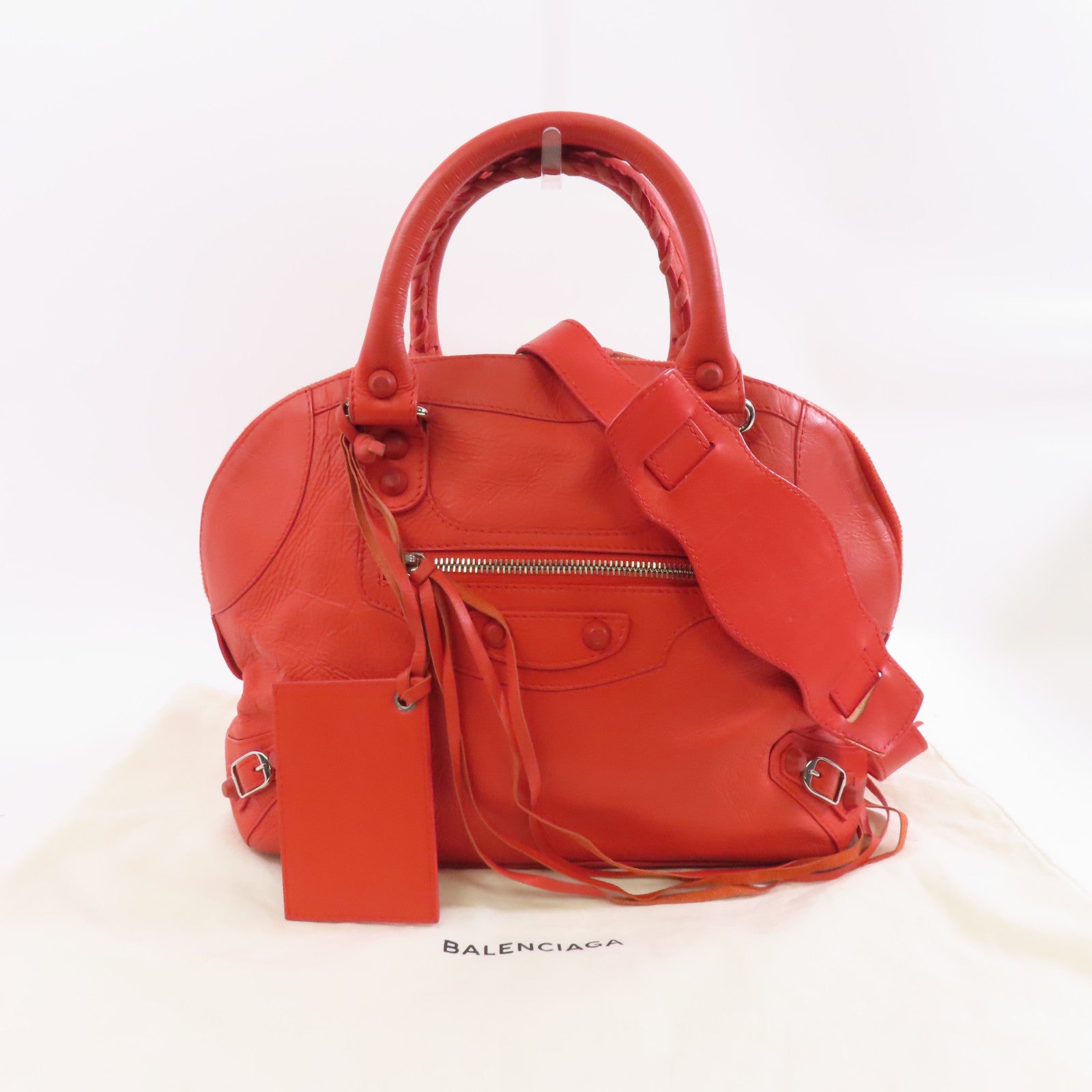 BALENCIAGA 皮革Classic Bowling銀扣手挽肩背兩用袋紅色