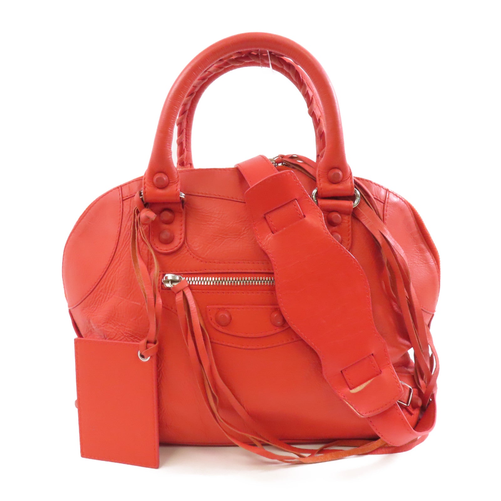BALENCIAGA 皮革Classic Bowling銀扣手挽肩背兩用袋紅色