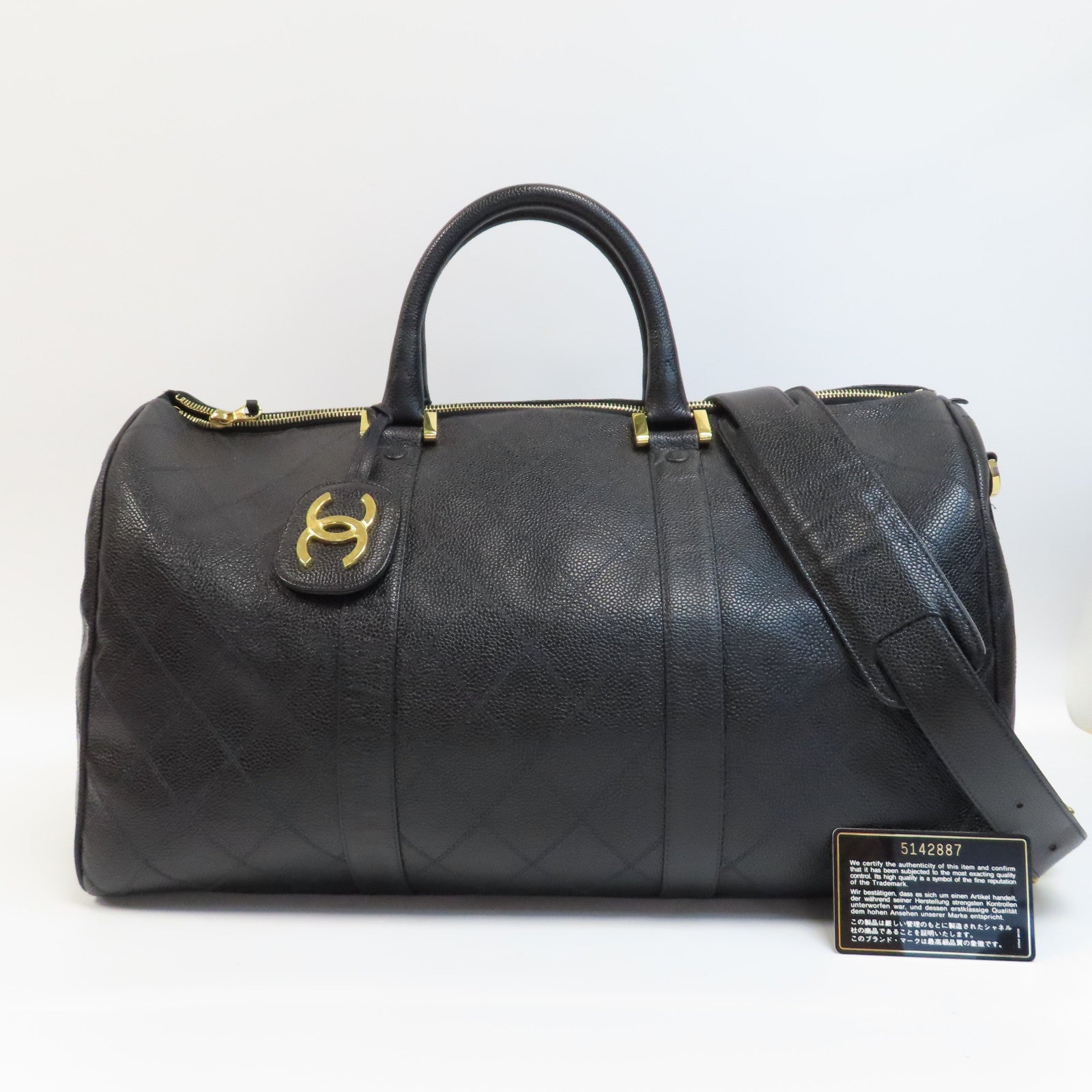 CHANEL 菱格Caviar皮革Boston Bag金扣手挽肩背兩用袋黑色