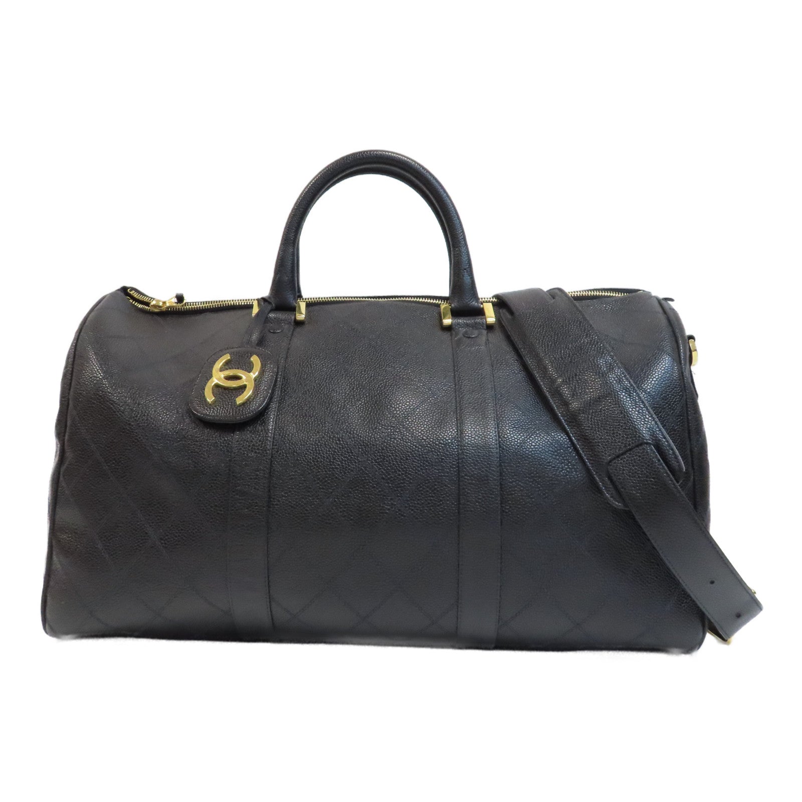 CHANEL 菱格Caviar皮革Boston Bag金扣手挽肩背兩用袋黑色