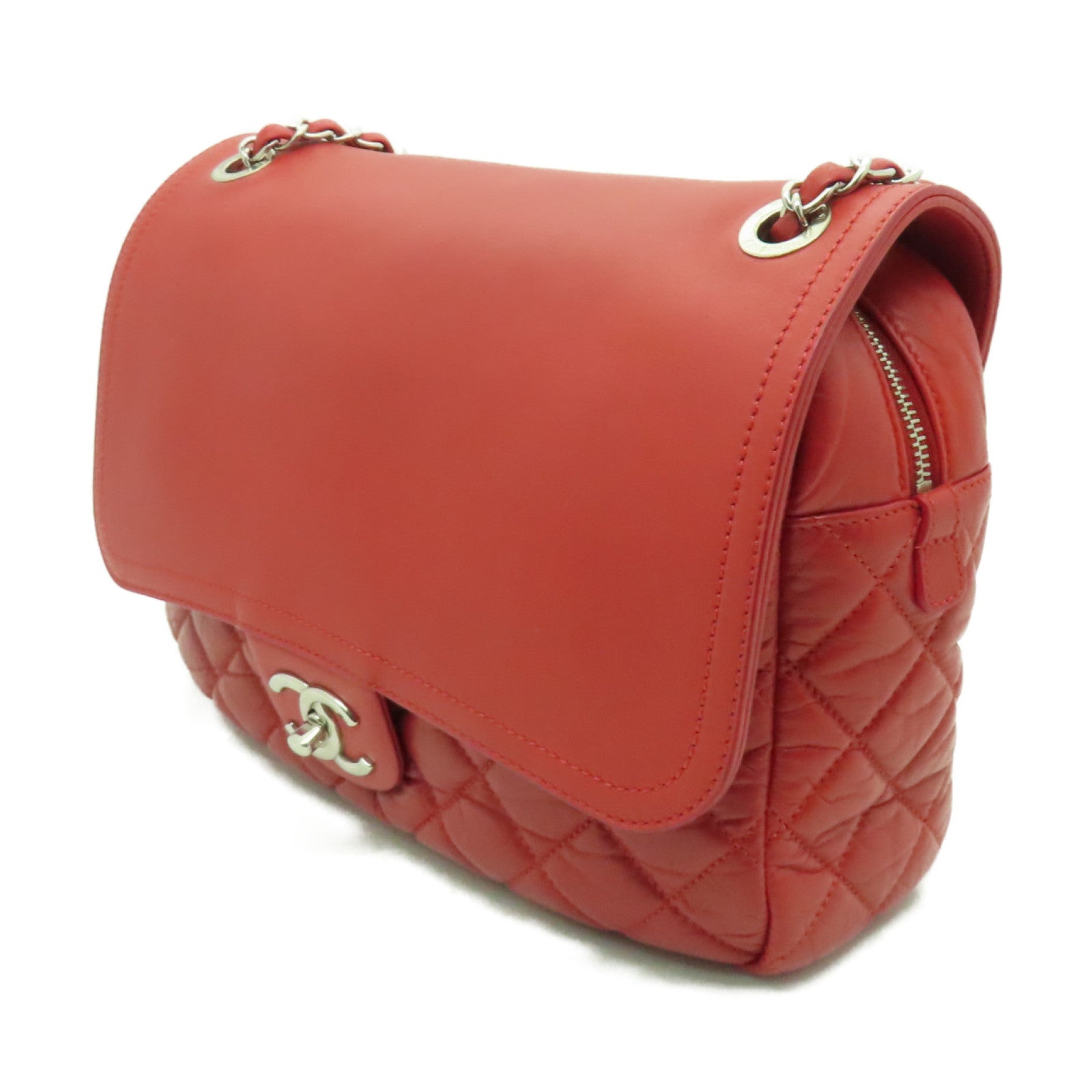 CHANEL 【清倉大減價】菱格Aged Calf皮革Chain Shoulder Bag銀扣鏈帶肩背袋紅色