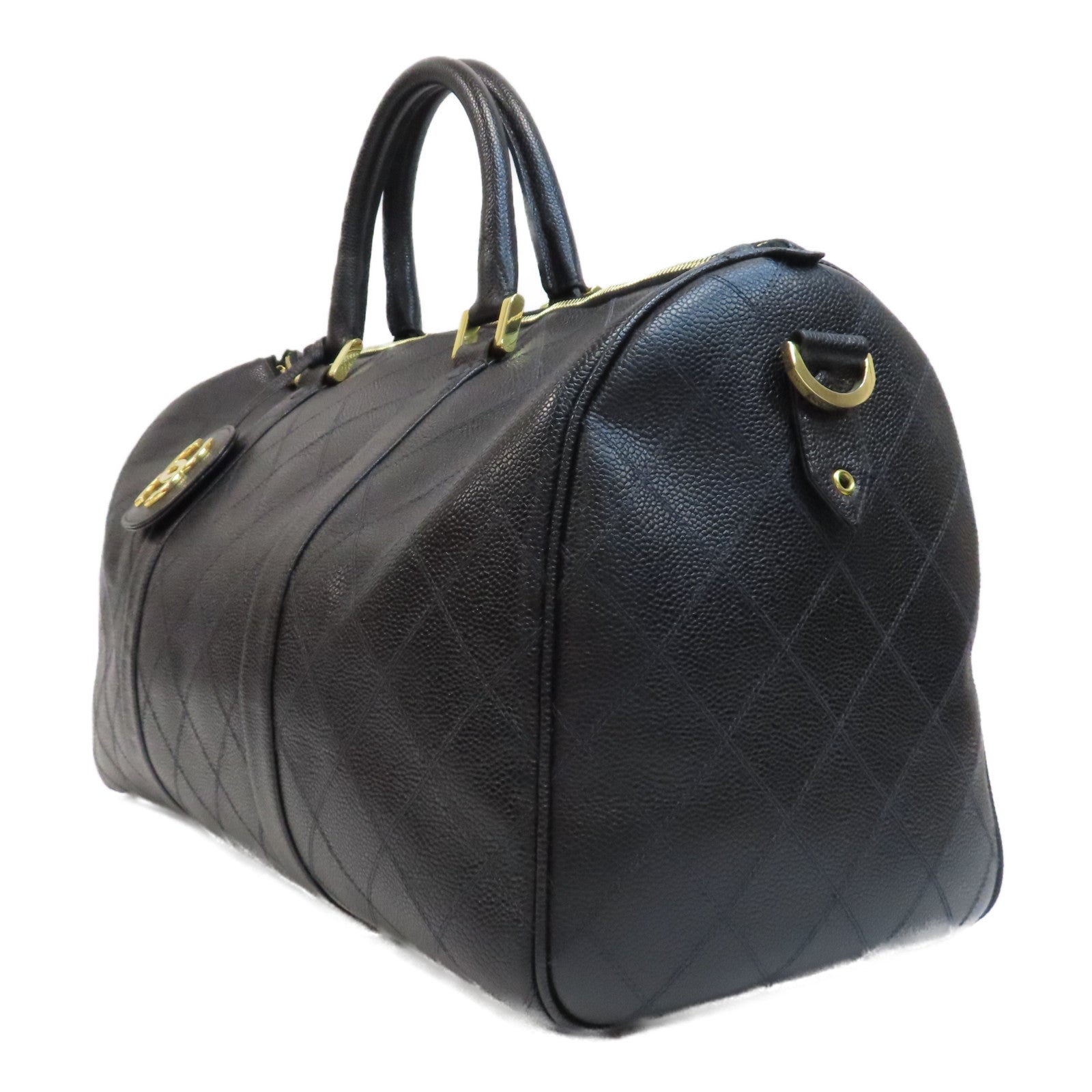CHANEL 菱格Caviar皮革Boston Bag金扣手挽肩背兩用袋黑色