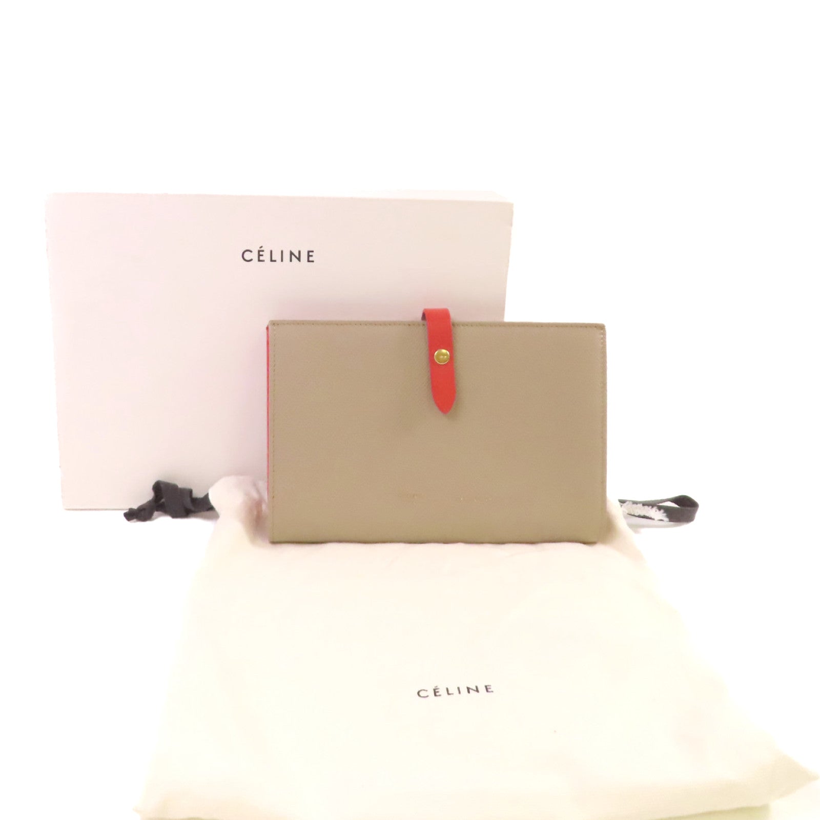 CELINE 牛皮皮革Clutch Wallet金扣手挽錢包兩用袋杏色/紅色