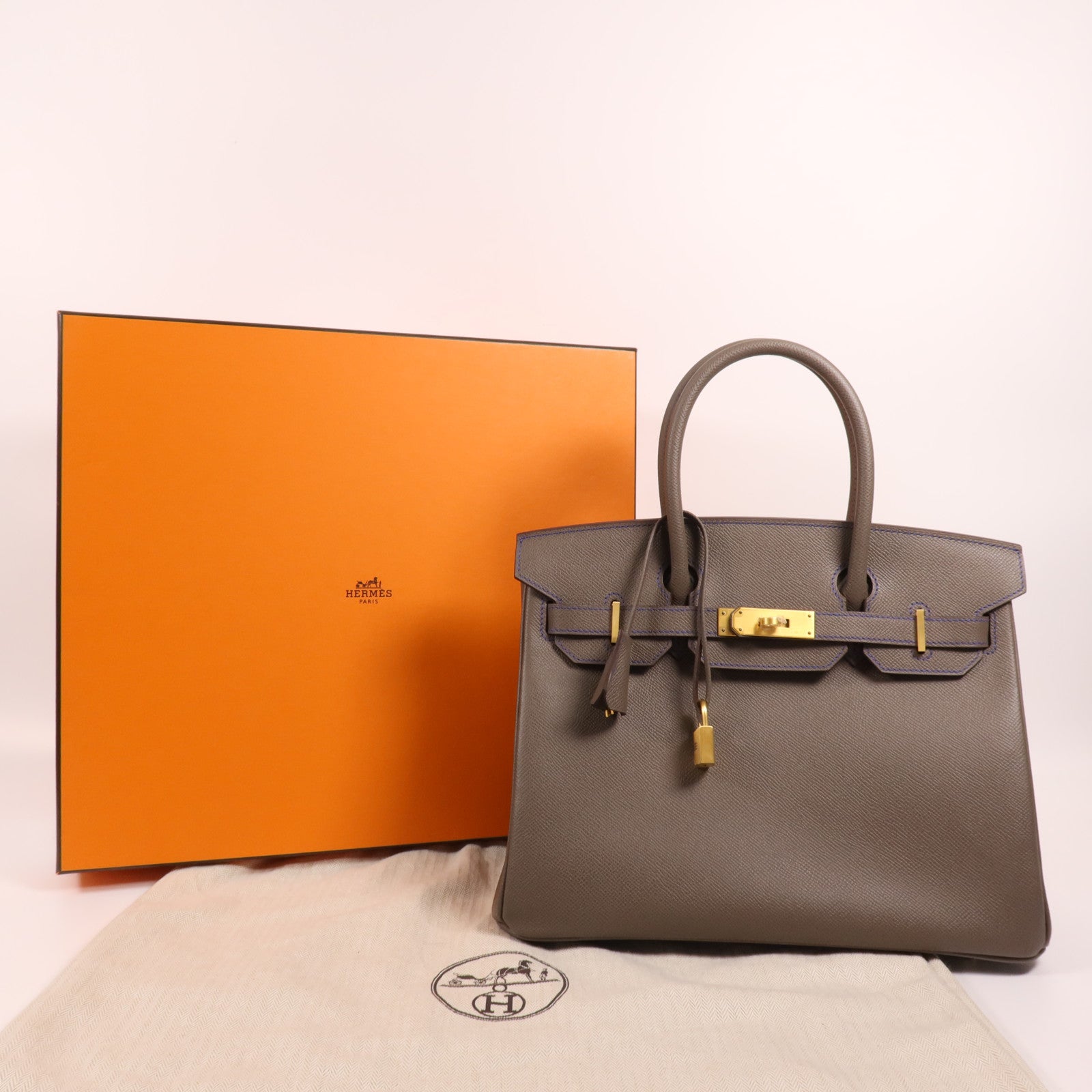 HERMES Epsom皮革Birkin 30金扣手挽袋Etain