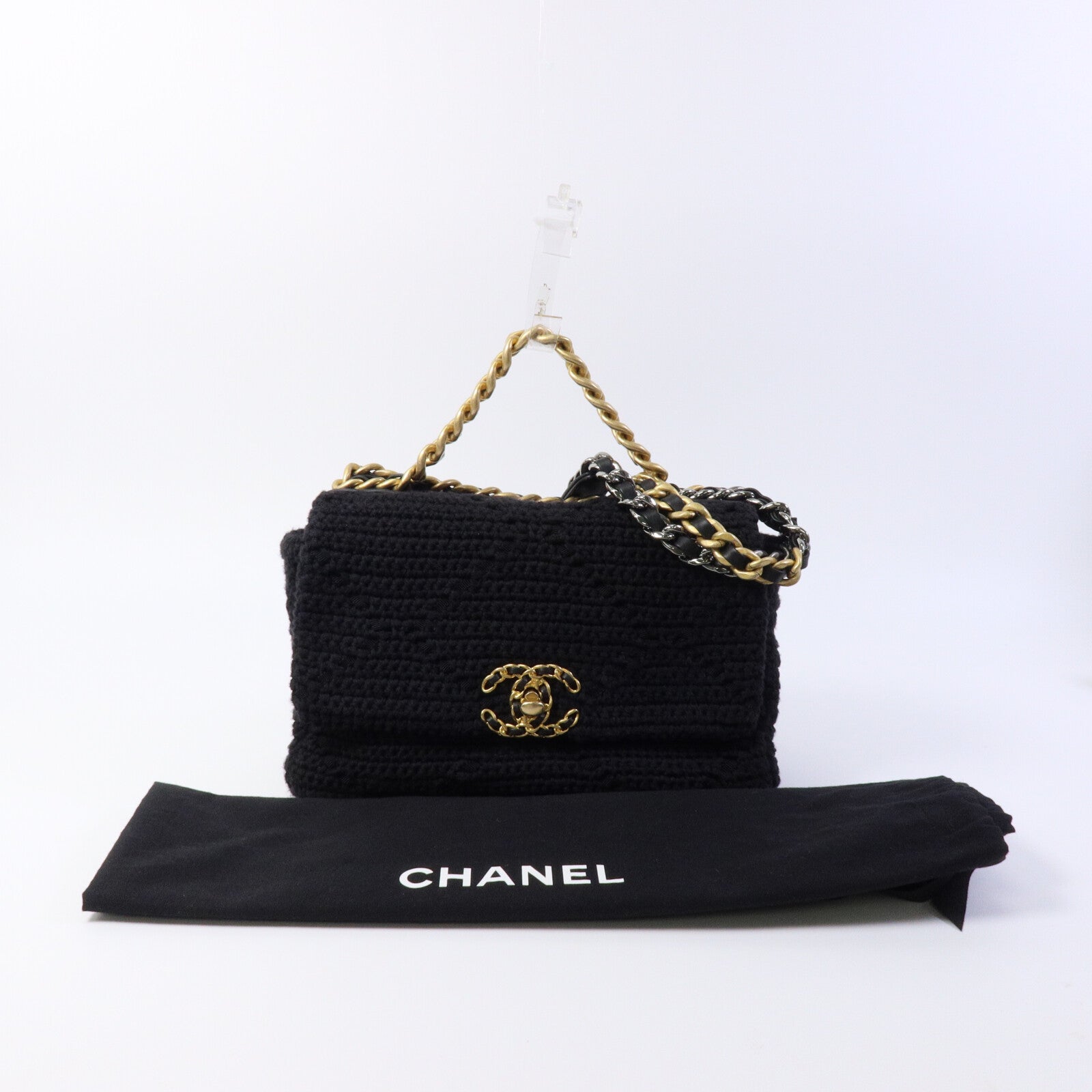 CHANEL 棉質Chanel 19 Medium鏈帶肩背袋