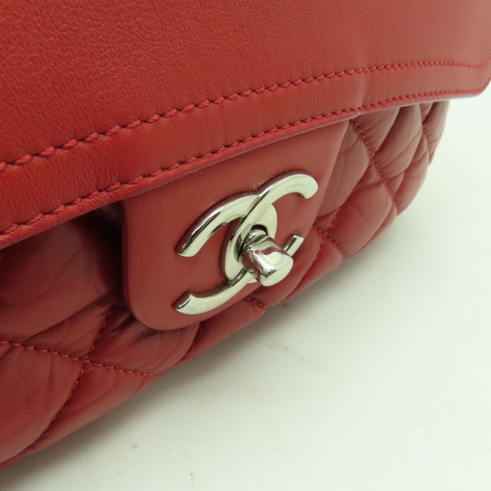 CHANEL 【清倉大減價】菱格Aged Calf皮革Chain Shoulder Bag銀扣鏈帶肩背袋紅色