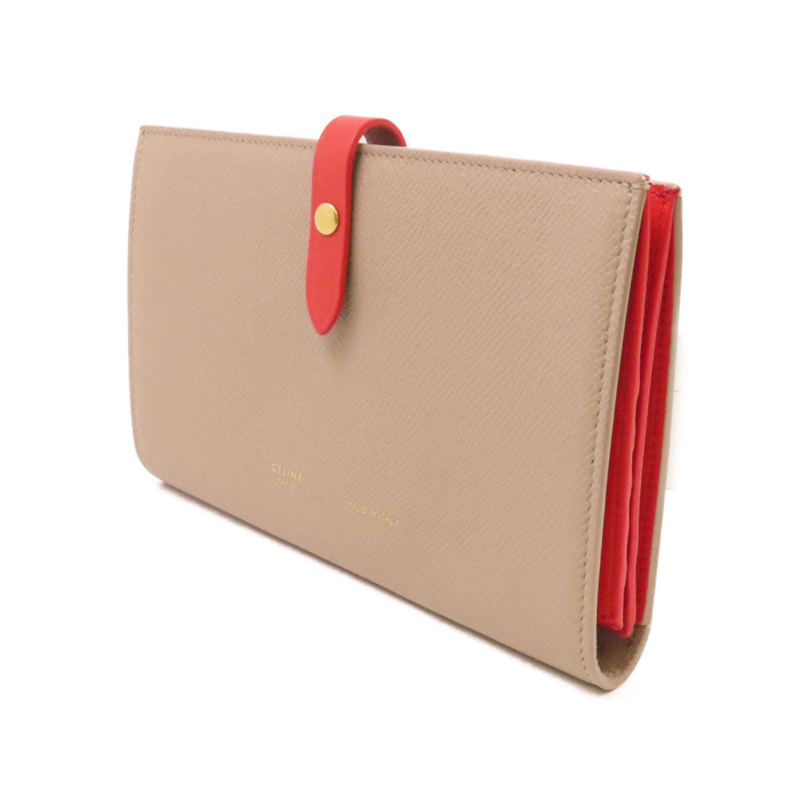 CELINE 牛皮皮革Clutch Wallet金扣手挽錢包兩用袋杏色/紅色