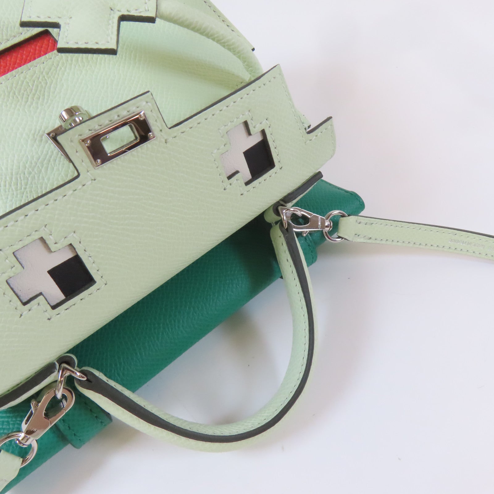 HERMES 【激減優惠】Epsom皮革Kelly Doll銀扣手挽肩背兩用袋Vert Fizz/淺綠色