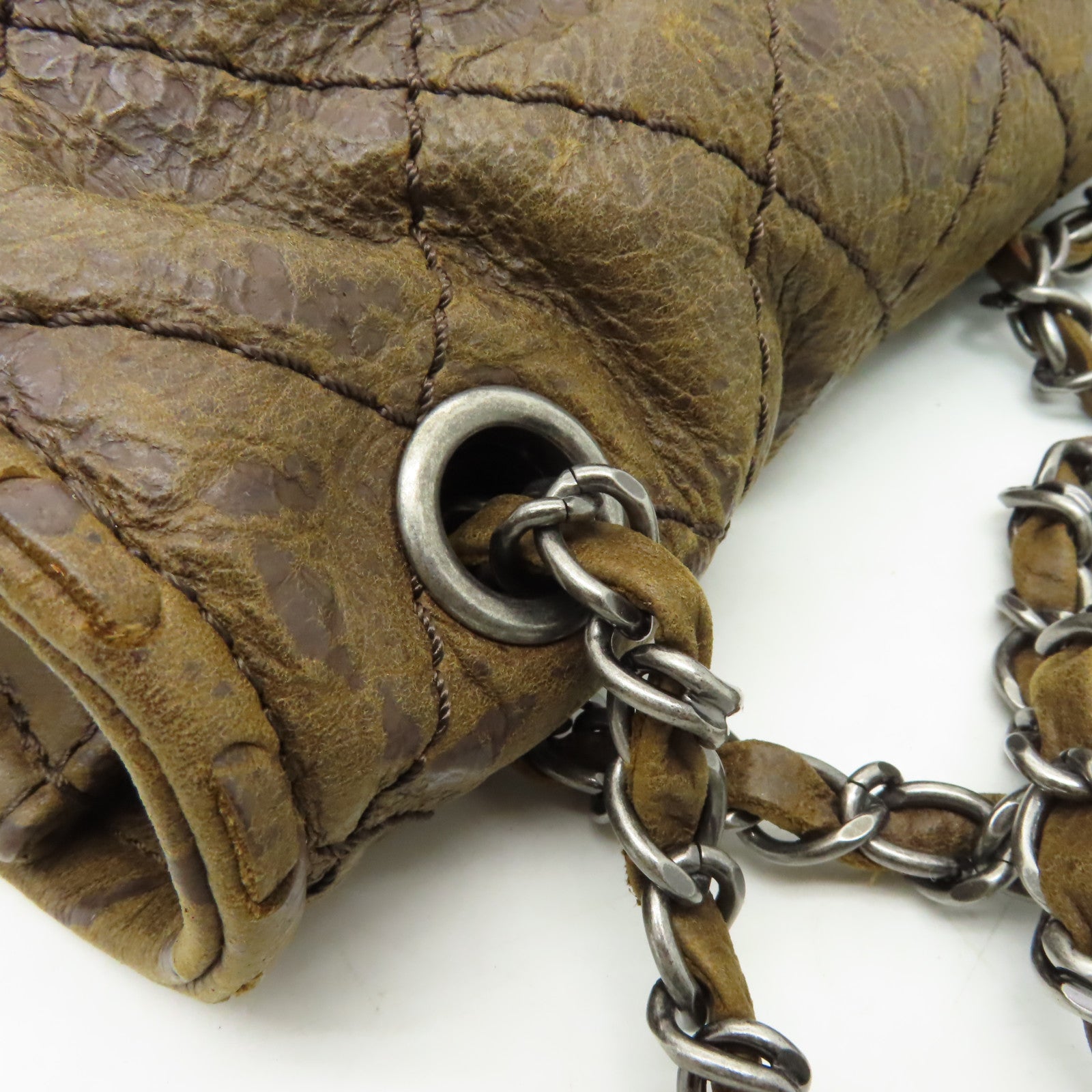 CHANEL 菱格牛皮皮革Chain Shoulder銀扣鏈帶肩背袋啡色
