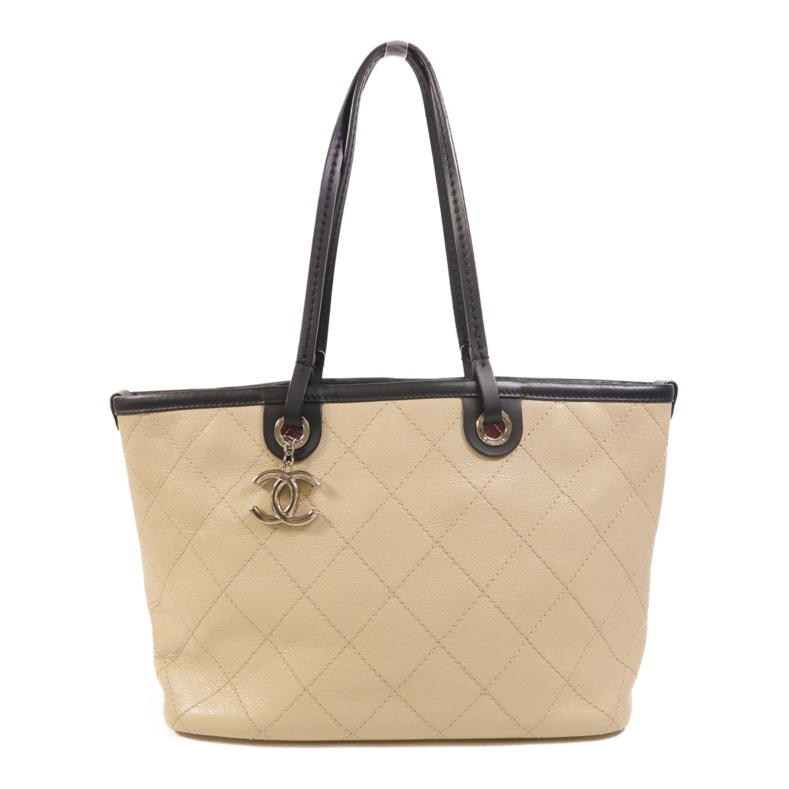 CHANEL 牛皮皮革Tote Bag銀扣肩背袋