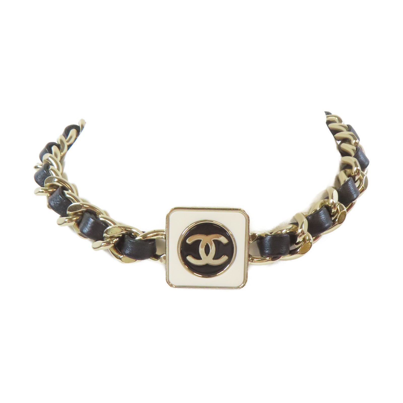 CHANEL 金屬/皮革Necklace項鍊金色/黑色#36cm