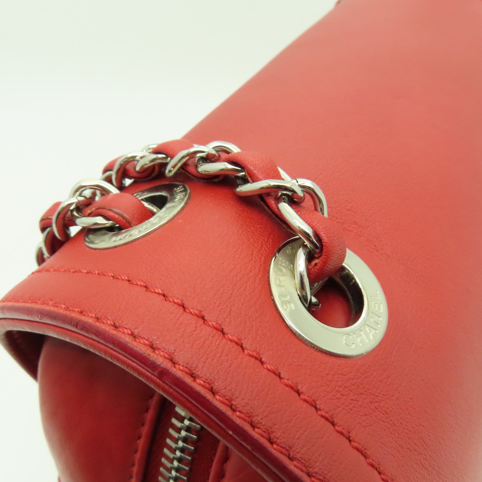 CHANEL 【清倉大減價】菱格Aged Calf皮革Chain Shoulder Bag銀扣鏈帶肩背袋紅色