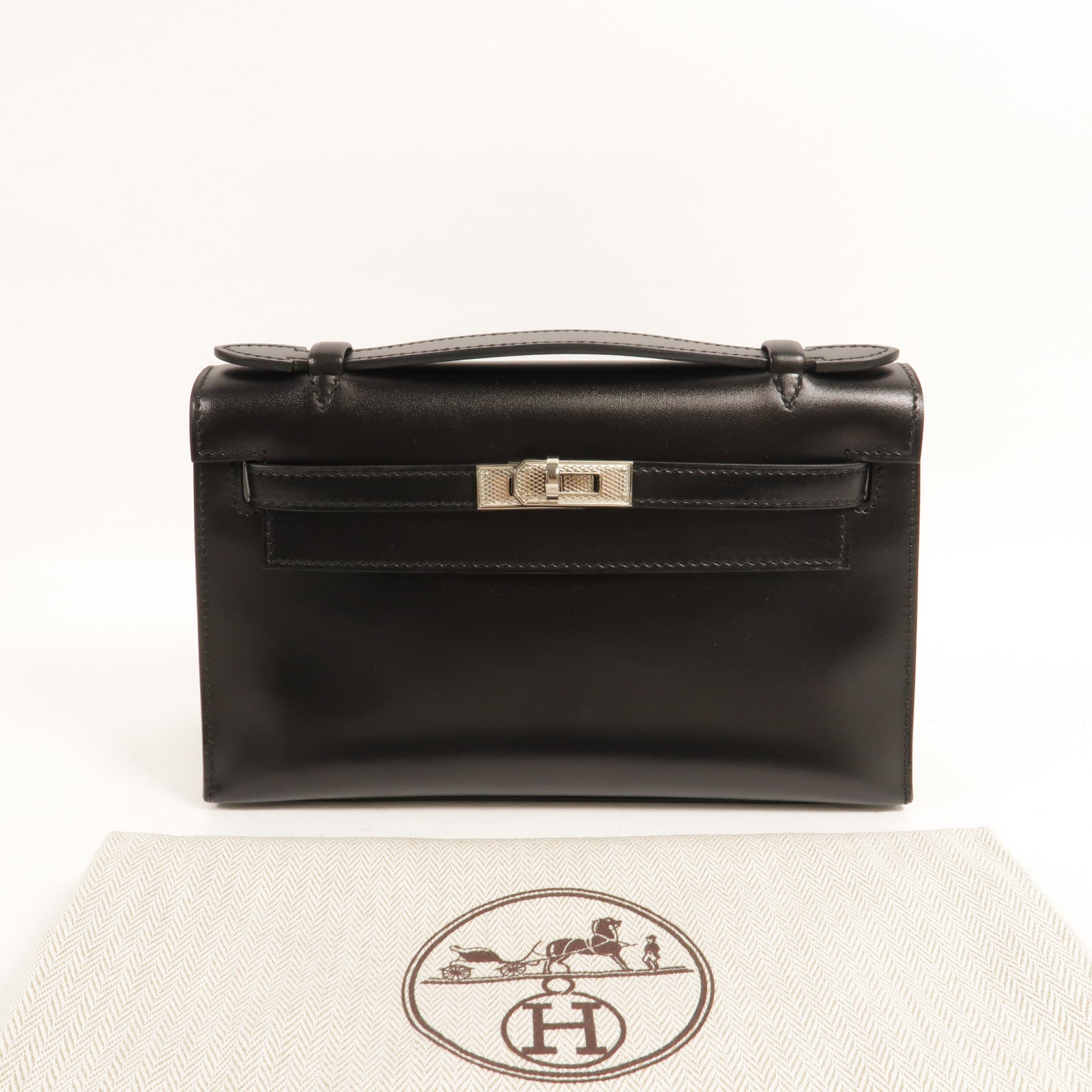 HERMES Box Calf皮革Kelly Pochette手挽袋Noir