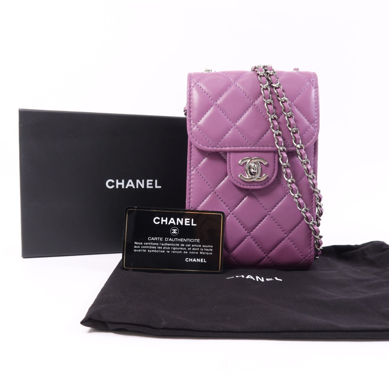 CHANEL 羊皮皮革Phone Holder銀扣鏈帶肩背袋