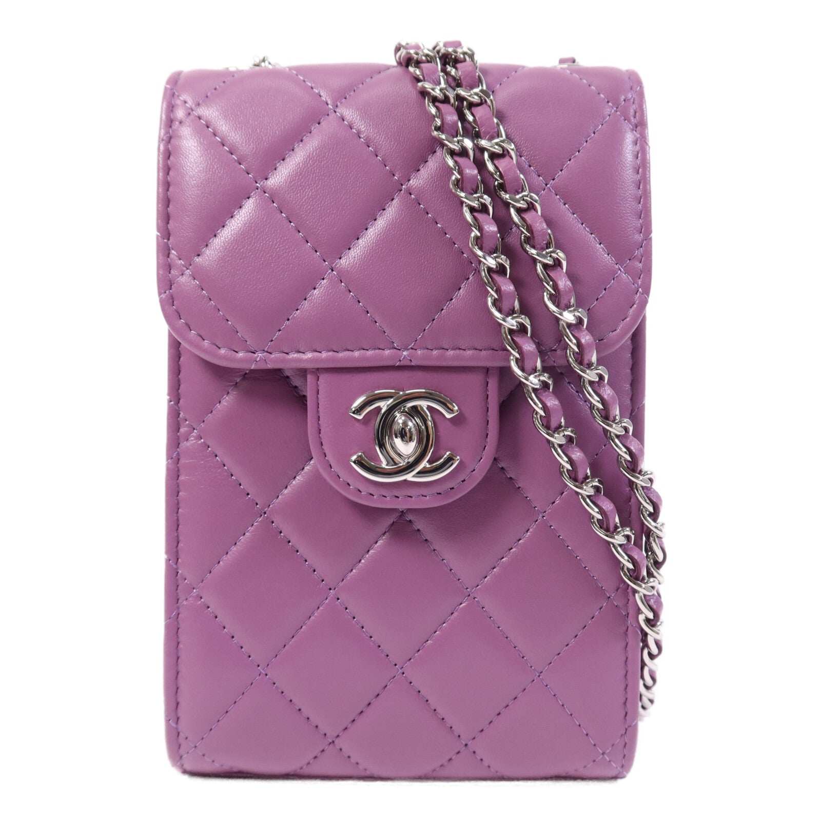 CHANEL 羊皮皮革Phone Holder銀扣鏈帶肩背袋