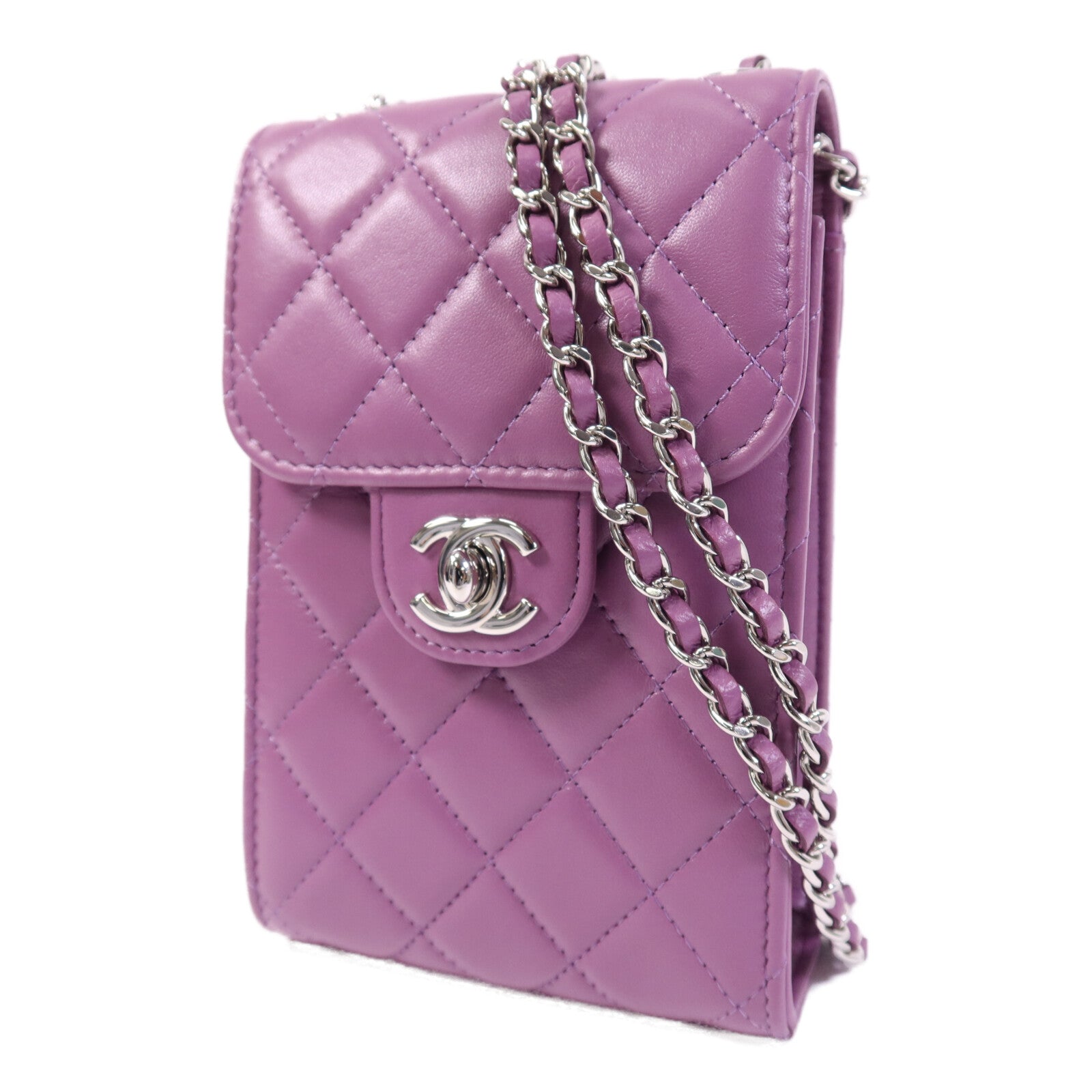 CHANEL 羊皮皮革Phone Holder銀扣鏈帶肩背袋