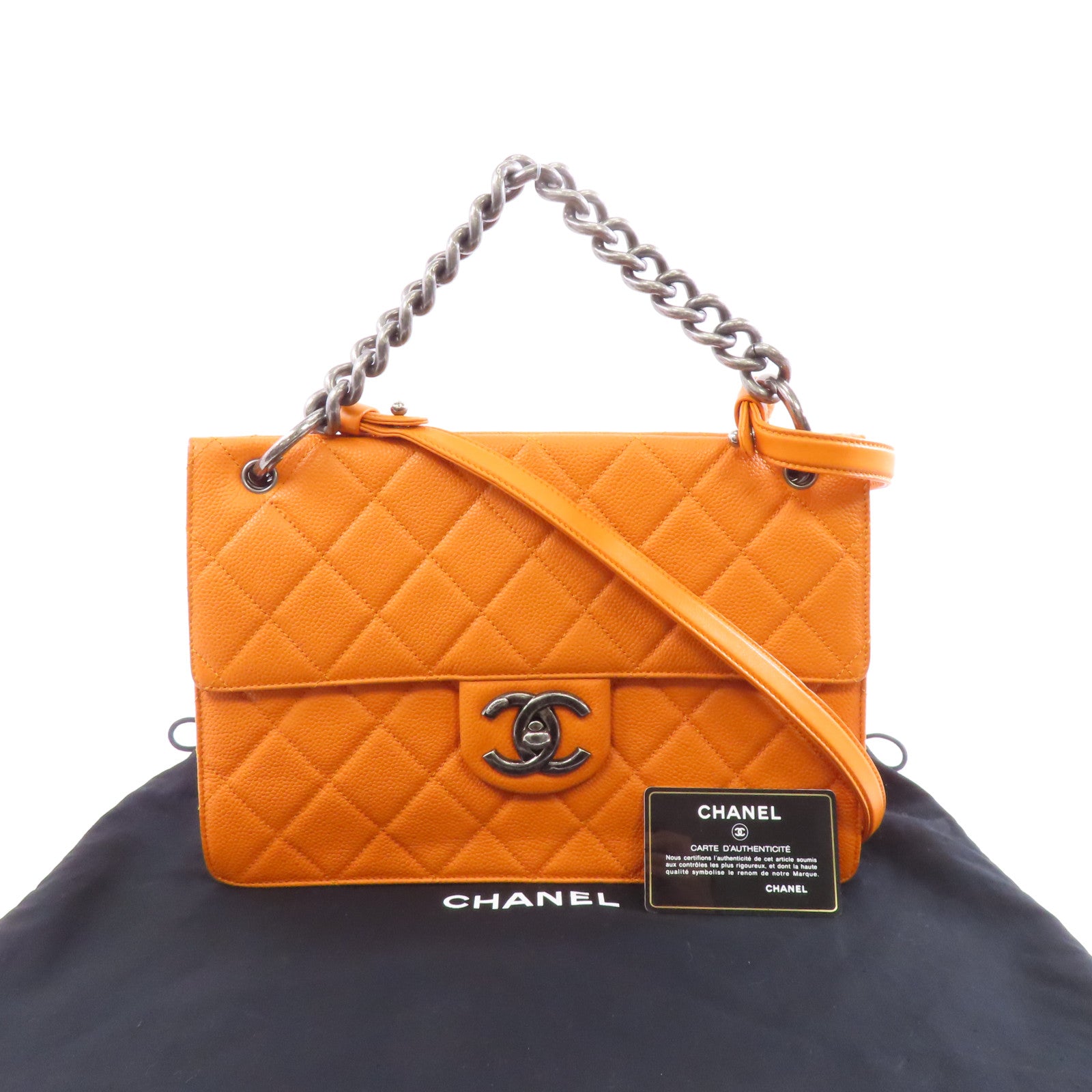 CHANEL 菱格Caviar皮革Chain Shoulder銀扣鏈帶手挽肩背兩用袋橙色