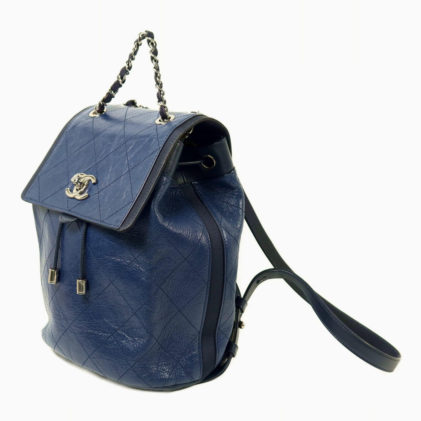 CHANEL 牛皮皮革Backpack銀扣鏈帶背包