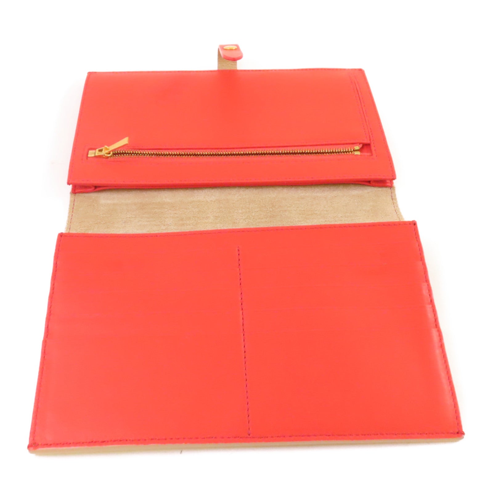 CELINE 牛皮皮革Clutch Wallet金扣手挽錢包兩用袋杏色/紅色
