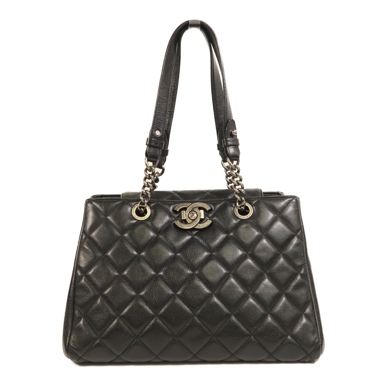 CHANEL 牛皮皮革Tote Bag銀扣肩背袋