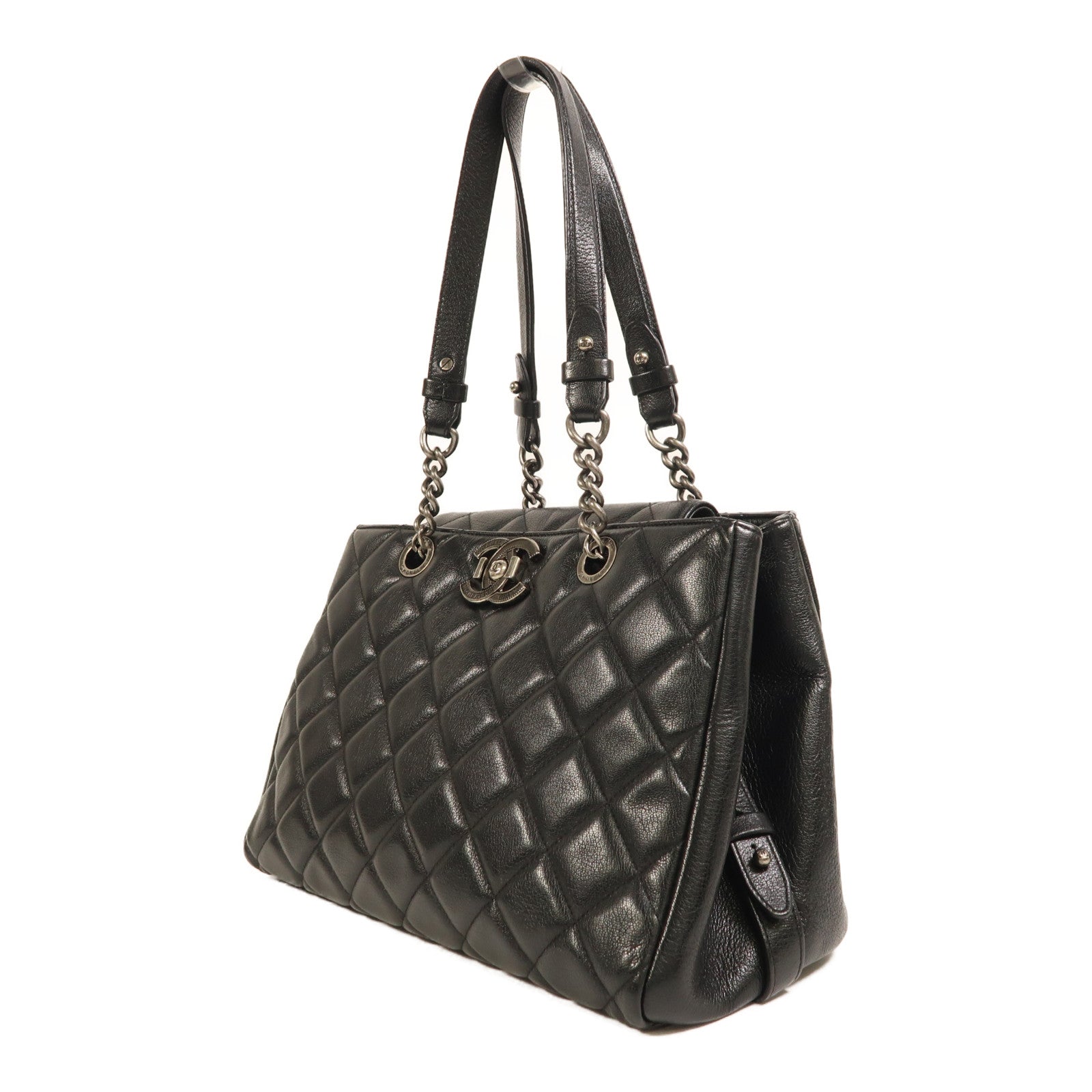 CHANEL 牛皮皮革Tote Bag銀扣肩背袋