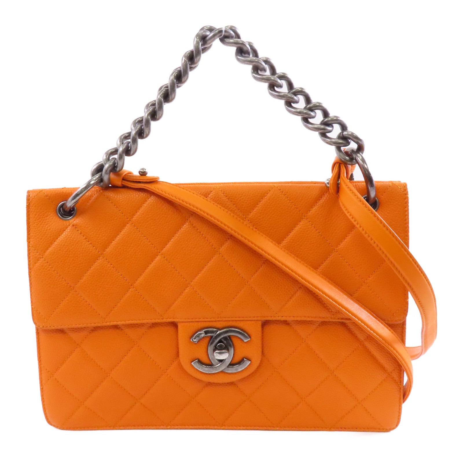 CHANEL 菱格Caviar皮革Chain Shoulder銀扣鏈帶手挽肩背兩用袋橙色