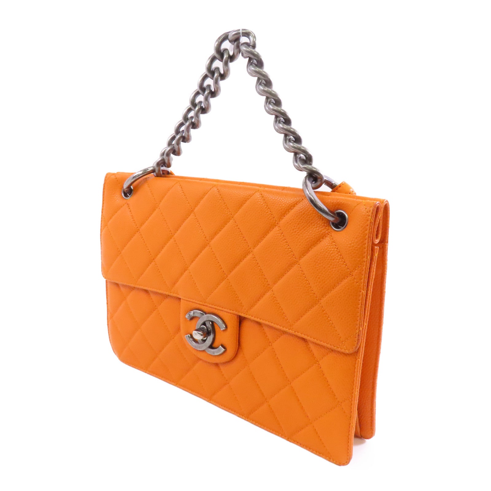 CHANEL 菱格Caviar皮革Chain Shoulder銀扣鏈帶手挽肩背兩用袋橙色