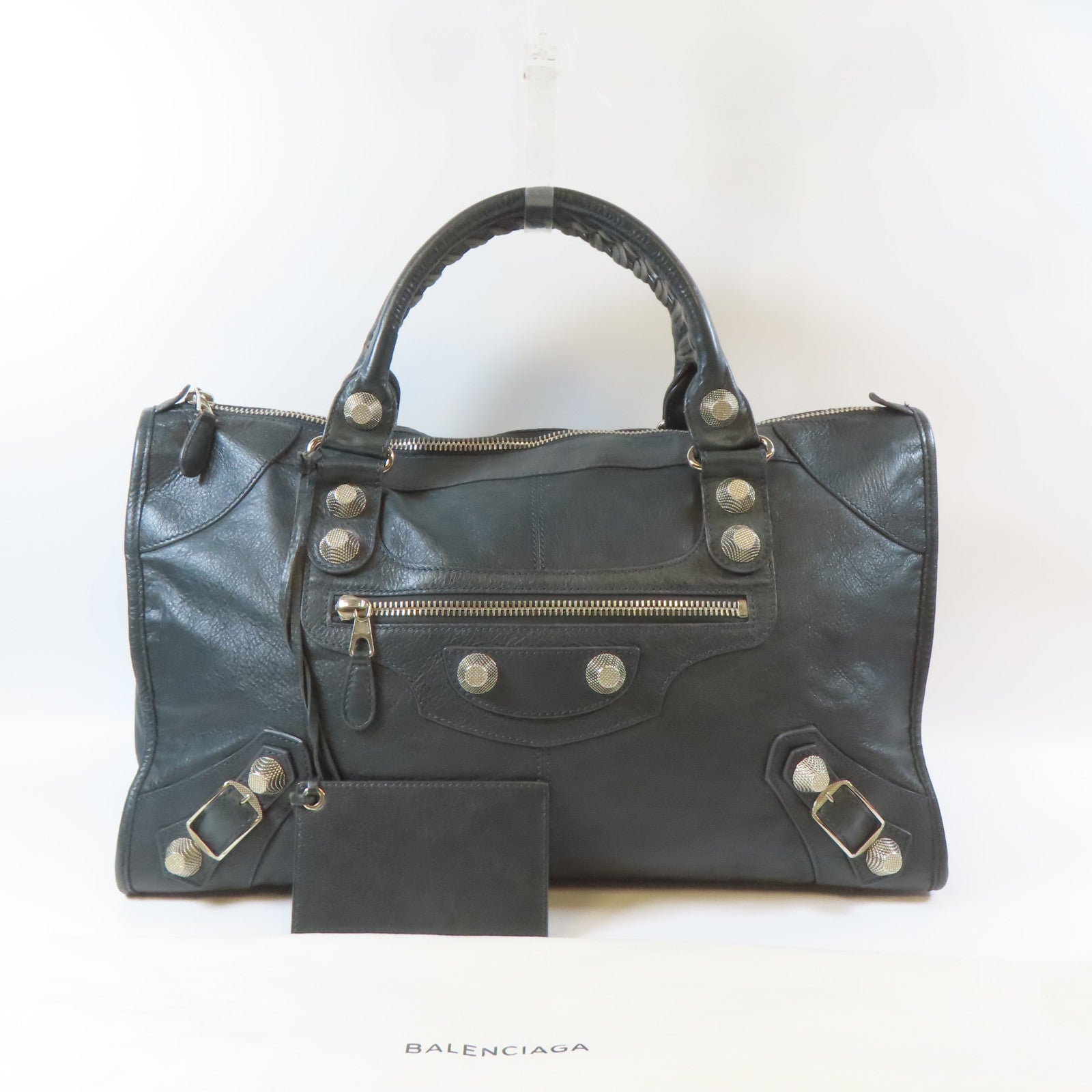 BALENCIAGA 牛皮皮革Giant Work銀扣手挽袋綠色